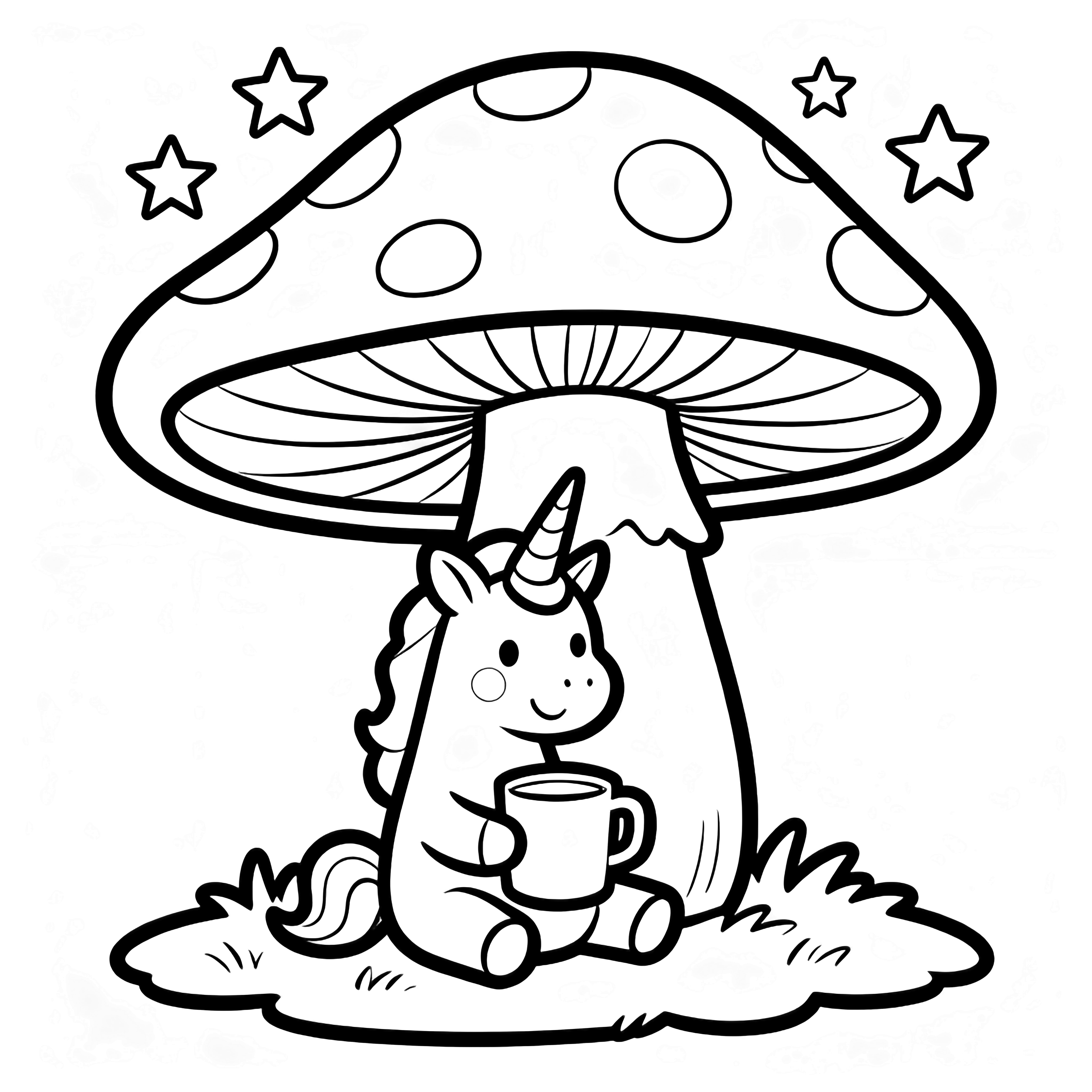 A smiling unicorn sits under a giant mushroom, holding a big mug, with stars overhead. kleurplaat