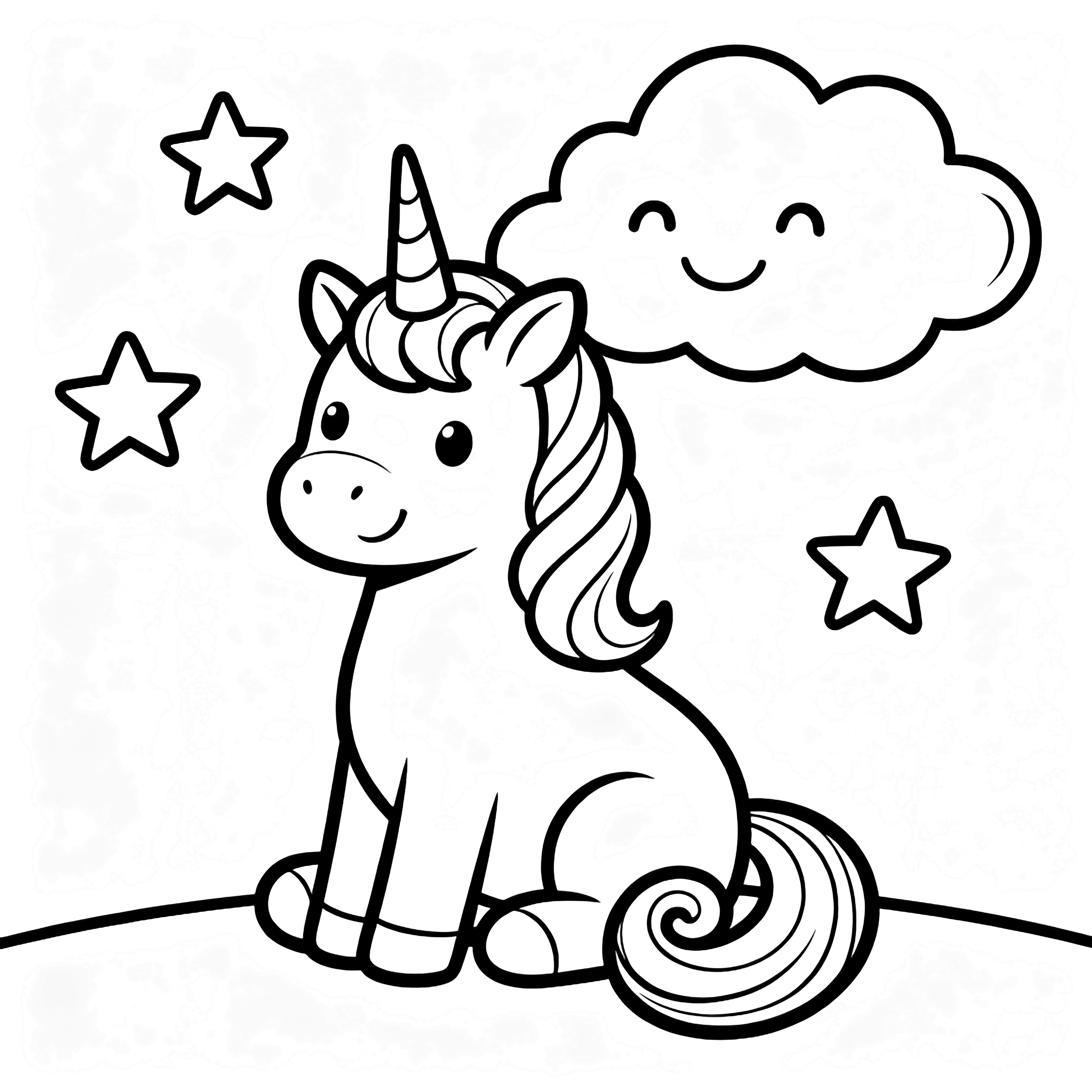 A smiling unicorn sits with its tail curled, mane flowing; stars and a cheerful cloud drift behind. kleurplaat