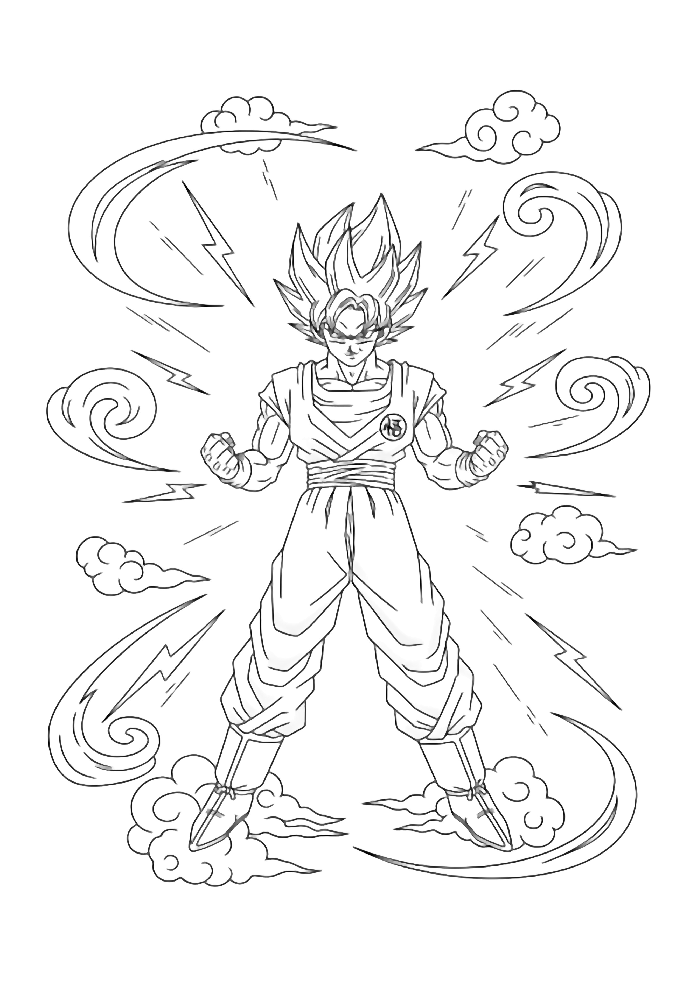 Goku stands centered with wide stance and clenched fists, spiky hair; swirling wind, lightning bolts, and drifting cloud puffs form a simple frame around him. kleurplaat