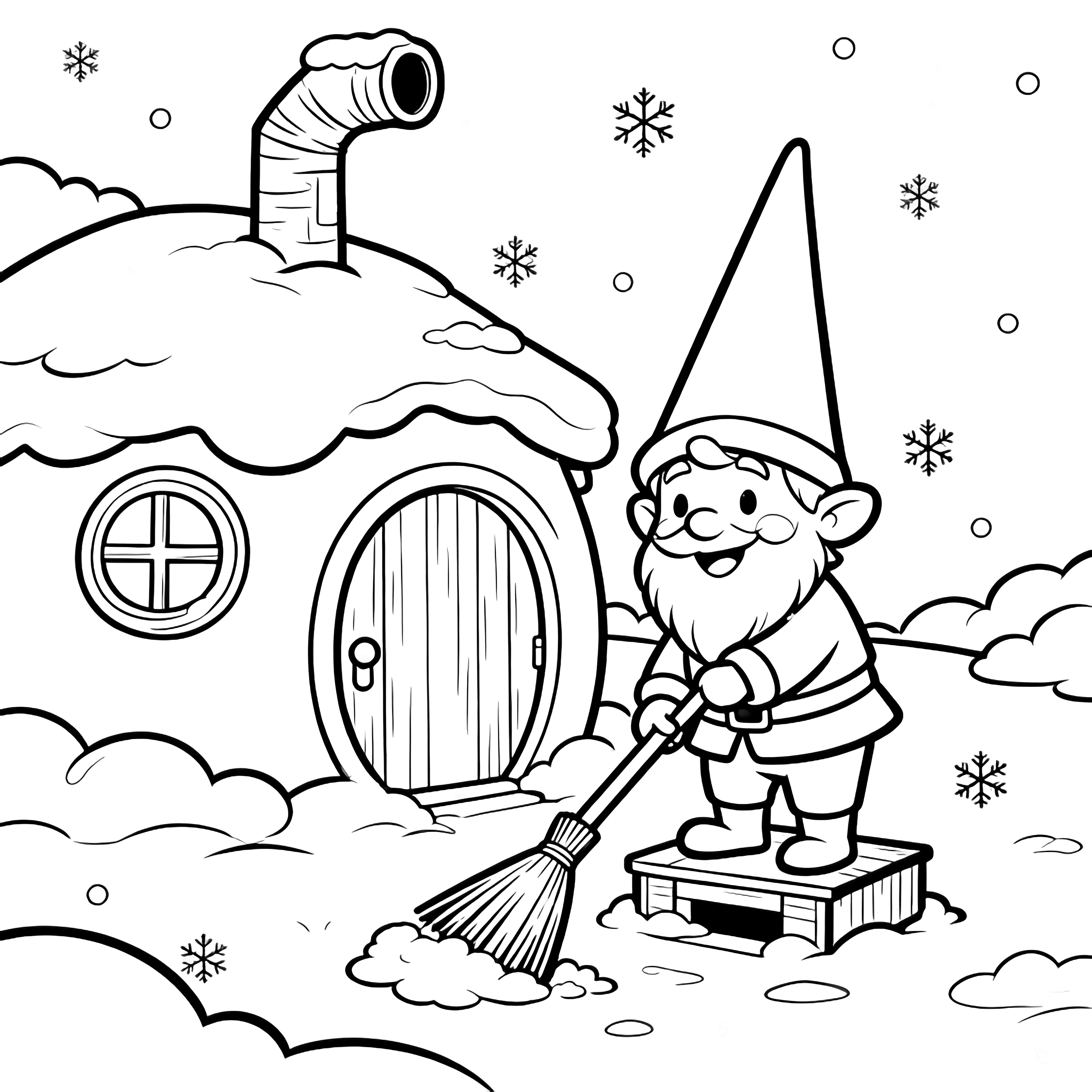 Een vrolijke gnoom met een hoge hoed veegt sneeuw van de ronde stoep van zijn huisje terwijl vlokjes langs een scheve schoorsteen dwarrelen. kleurplaat