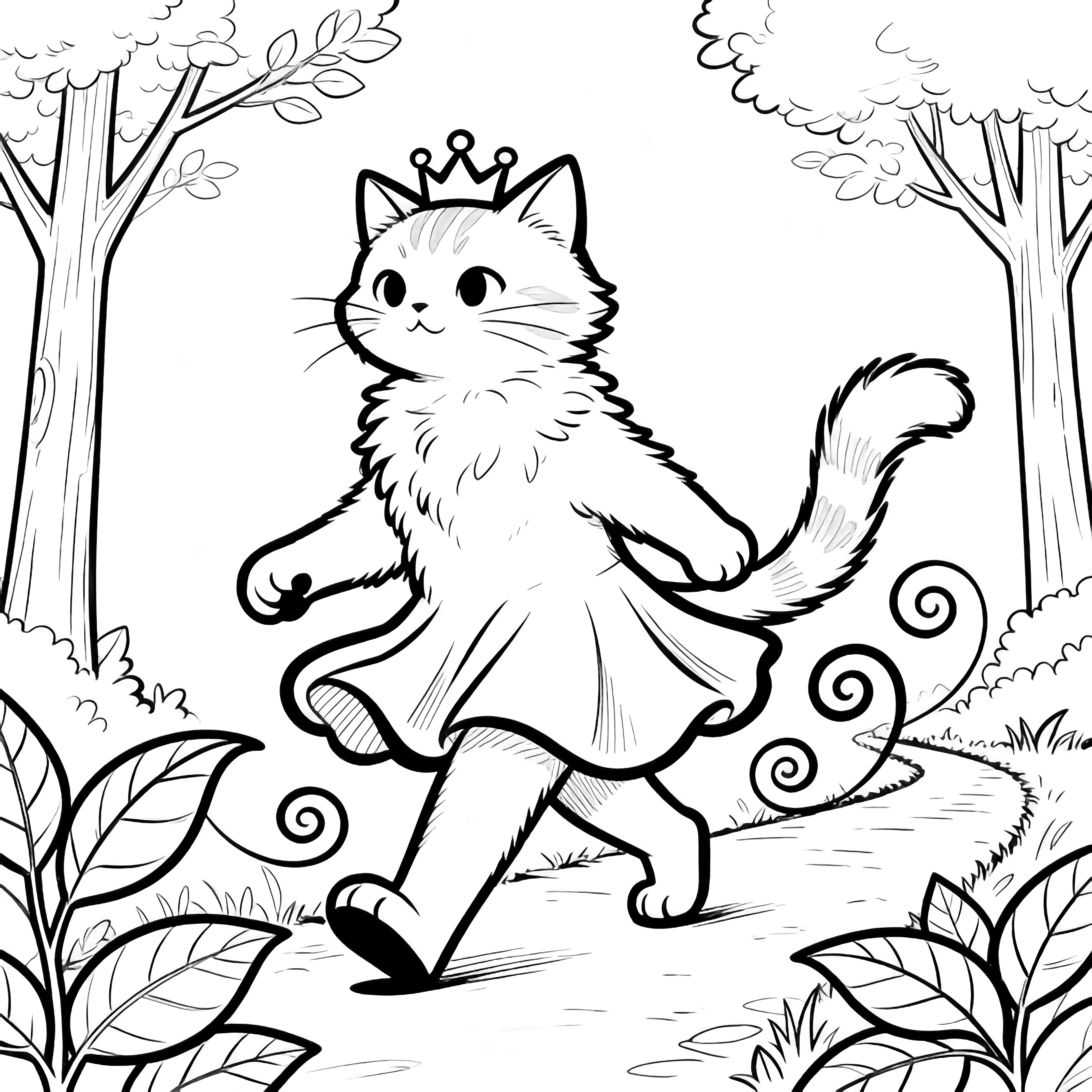 Kitty Queen strides along a path, her fuzzy coat hem bouncing as swirling leaves curl around her paws, simple trees framing the scene. kleurplaat