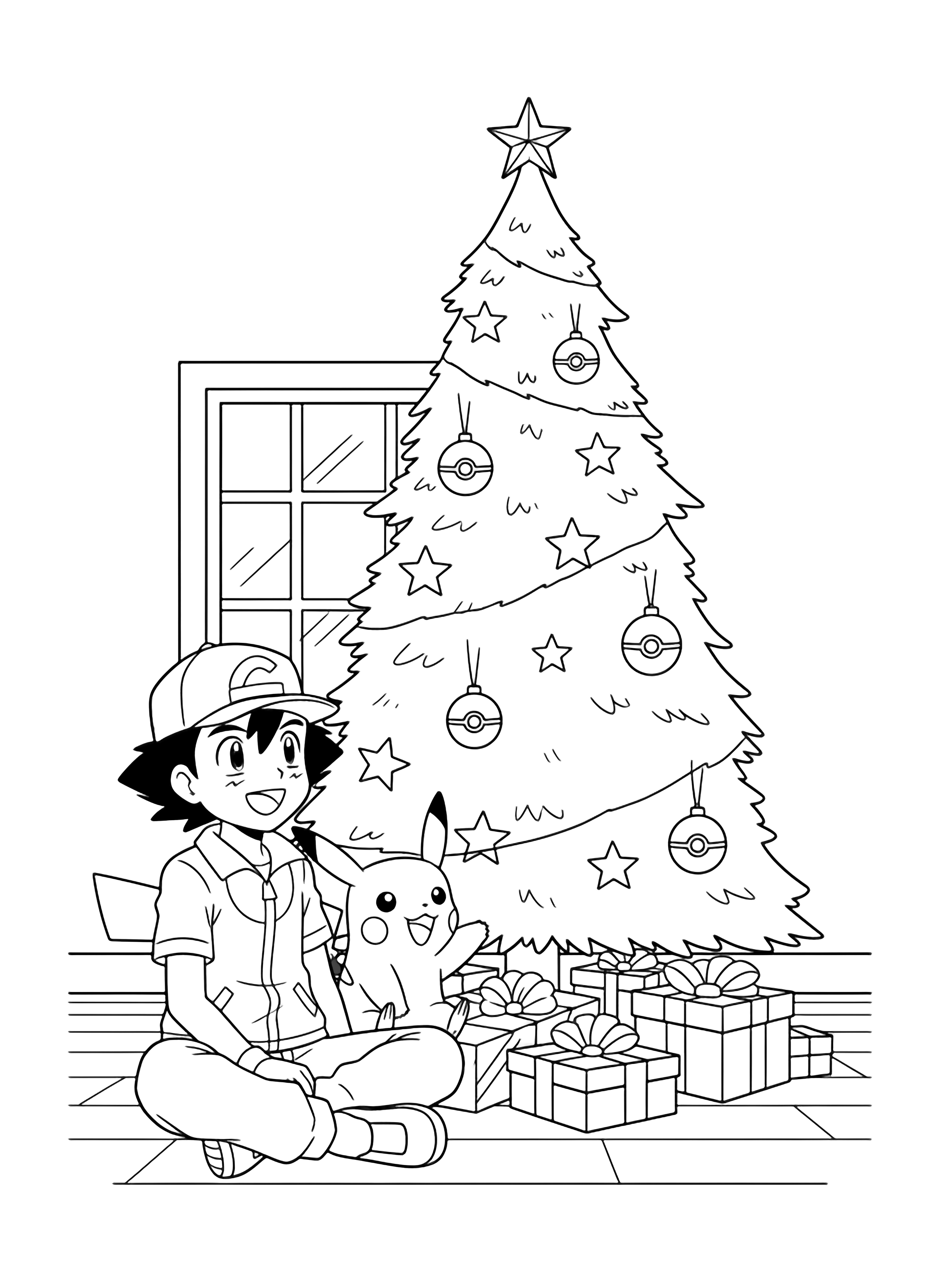 Ash and Pikachu sit cross-legged before a tall Christmas tree hung with Pok Ball ornaments and stars, presents stacked below, framed by floorboards and a window. kleurplaat