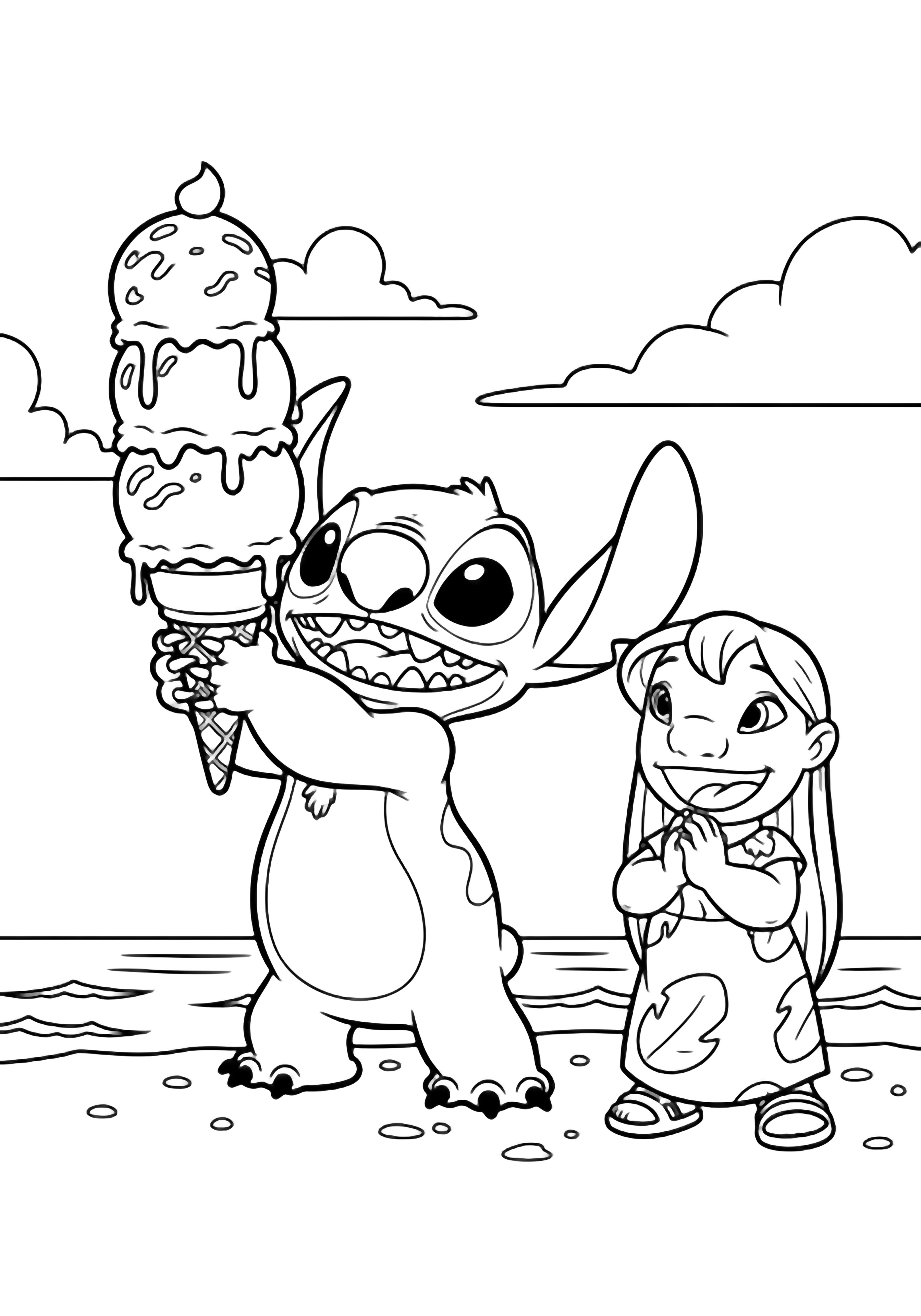 illustration on a Stitch stands center happily holding a towering triple scoop ice cream cone dripping wavy drips; Lilo stands beside him hands clasped big smile simple beach ground line tiny waves a few fluffy clouds overhead all in bold black outlines on white clean black kleurplaat