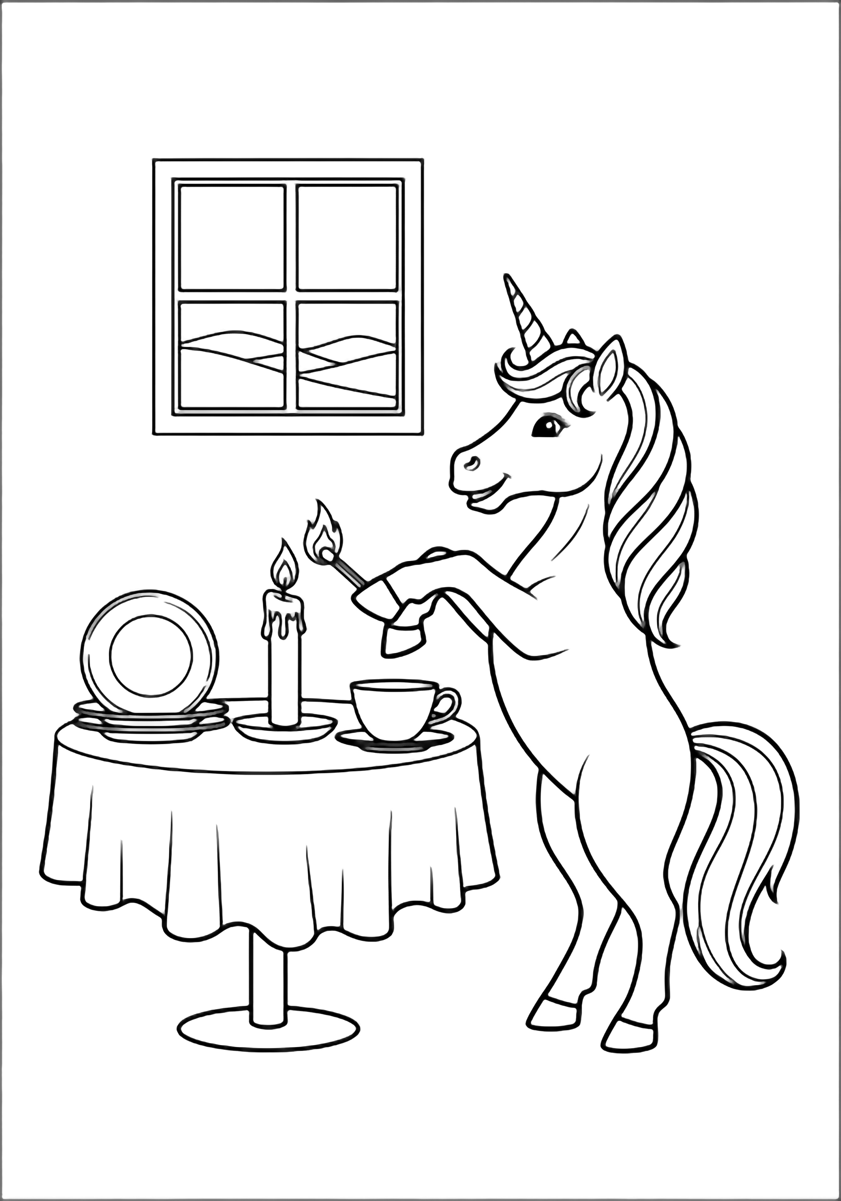 A unicorn rears up to light one candle on a small table set with plates and a teacup beside a square window. kleurplaat