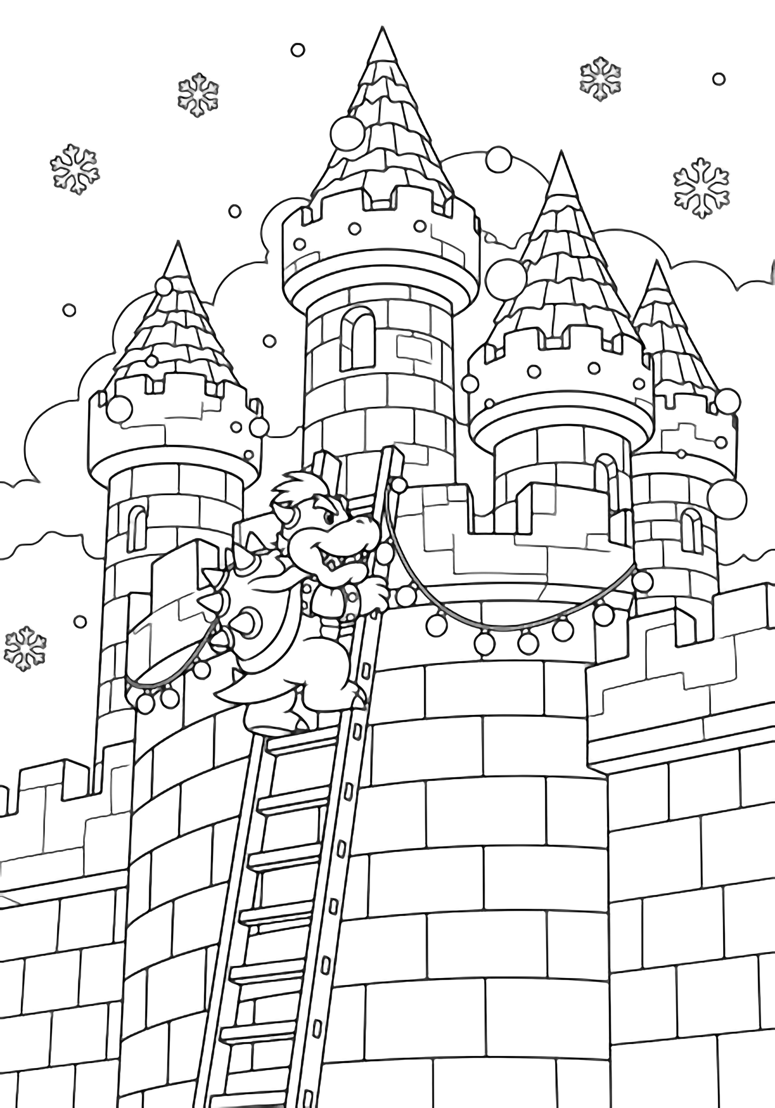 Bowser Jr. on a ladder strings lights along snowy castle battlements; turrets and drifting snowflakes under open sky. kleurplaat