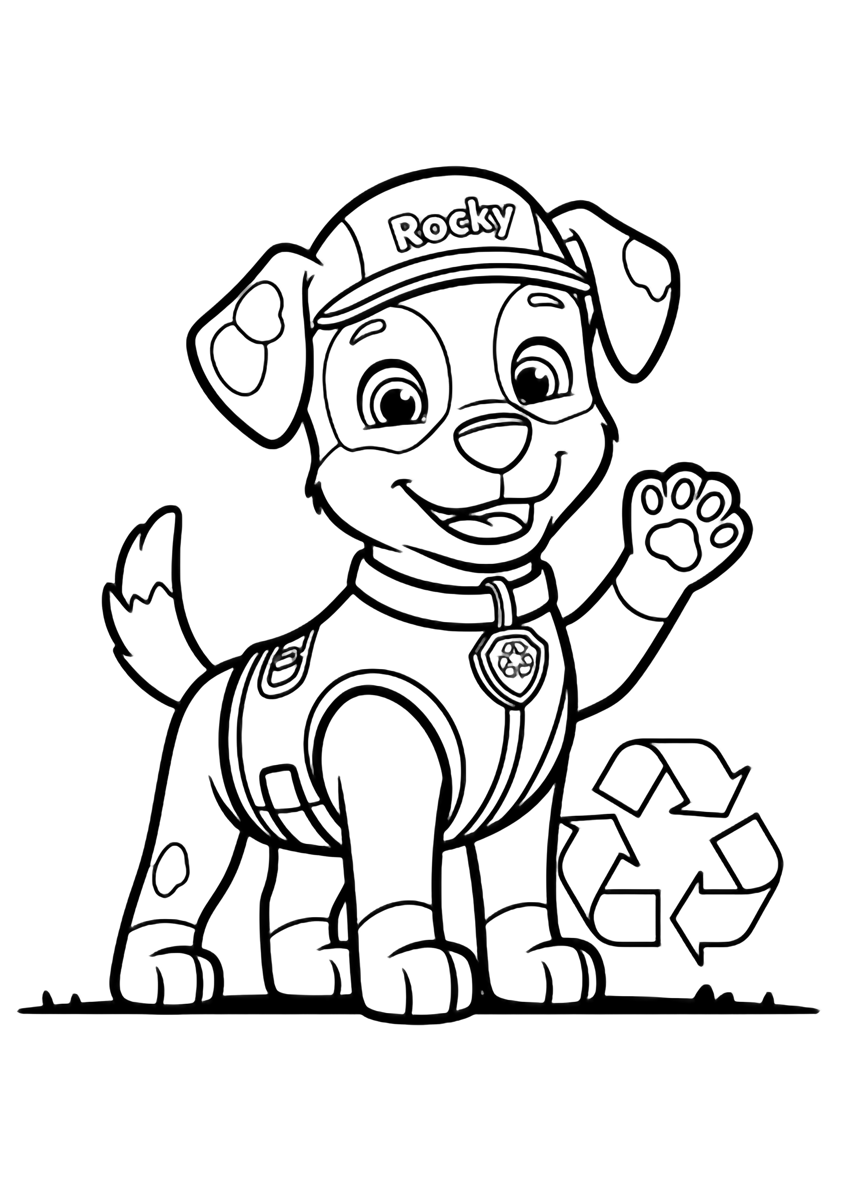 Rocky the recycling pup stands centered, tail up, one paw raised in a friendly wave, collar tag visible, recycling symbol behind. kleurplaat
