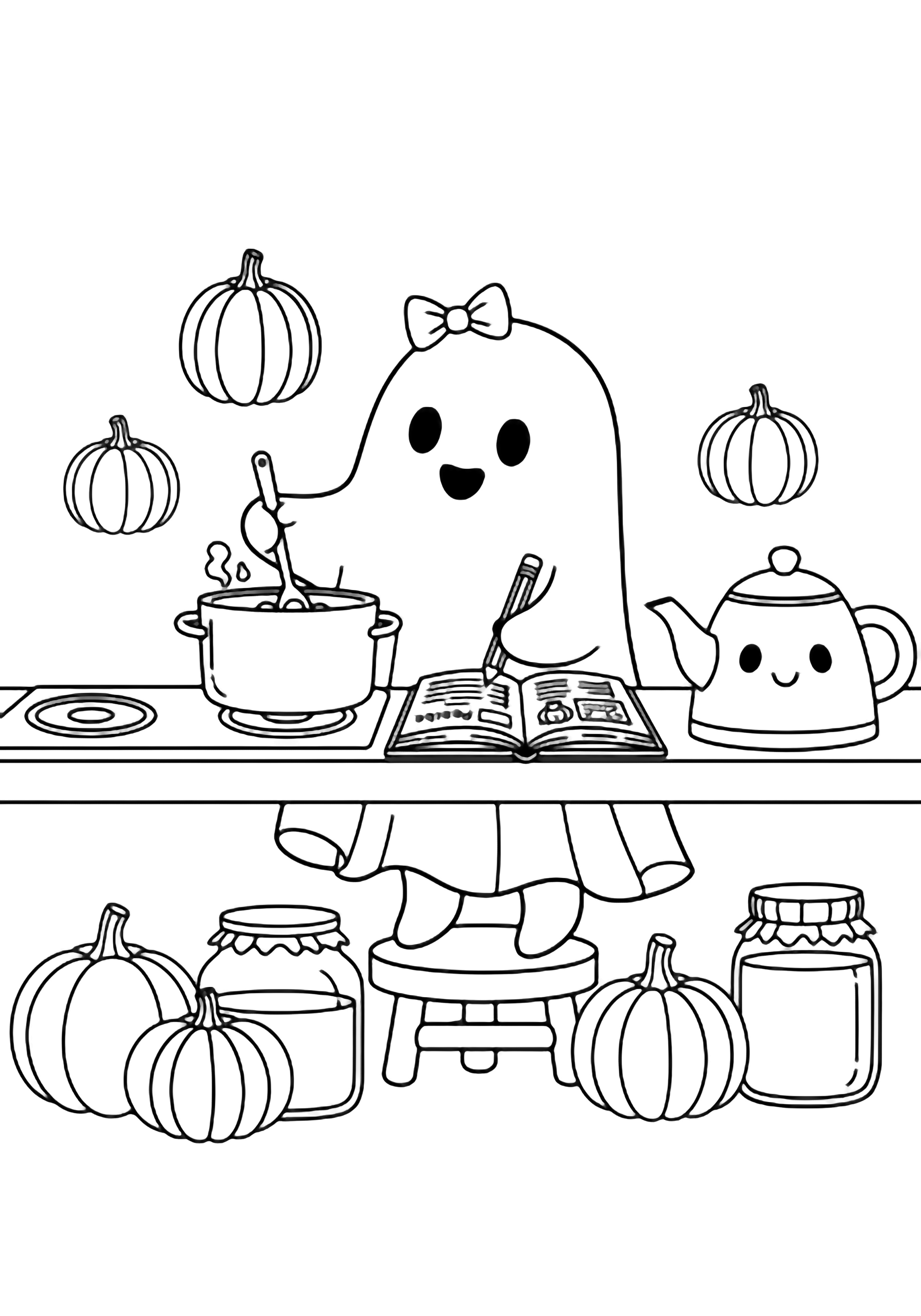 A smiling sheet-ghost with a tiny bow stirs a pot on a kitchen counter while writing in an open recipe book, surrounded by pumpkins, jars, and a cheerful teapot. kleurplaat