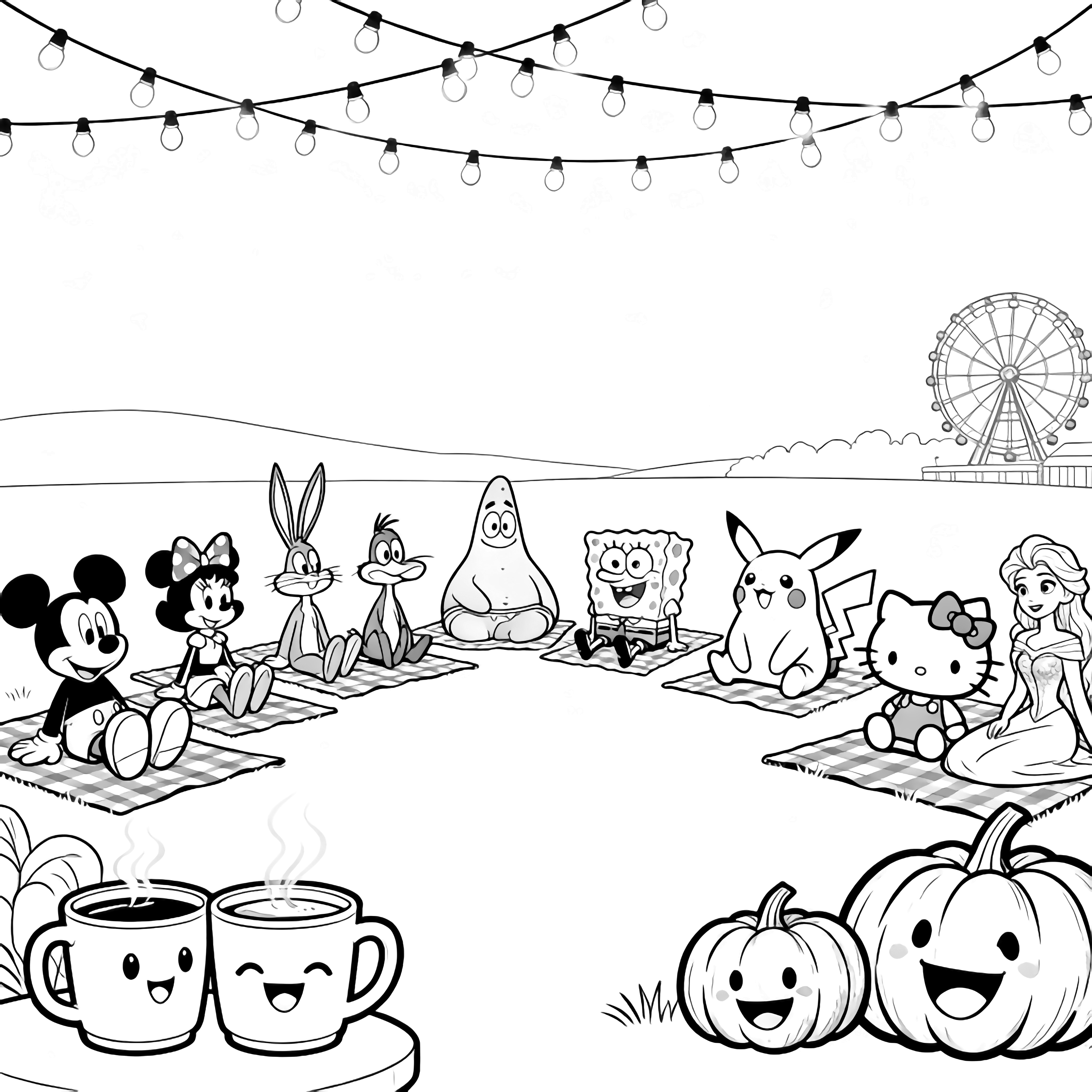 Mickey, Minnie, Bugs, Daffy, SpongeBob, Patrick, Elsa, Anna, Pikachu and Hello Kitty picnic under fairy lights, mugs and pumpkins in front, Ferris wheel on horizon. kleurplaat