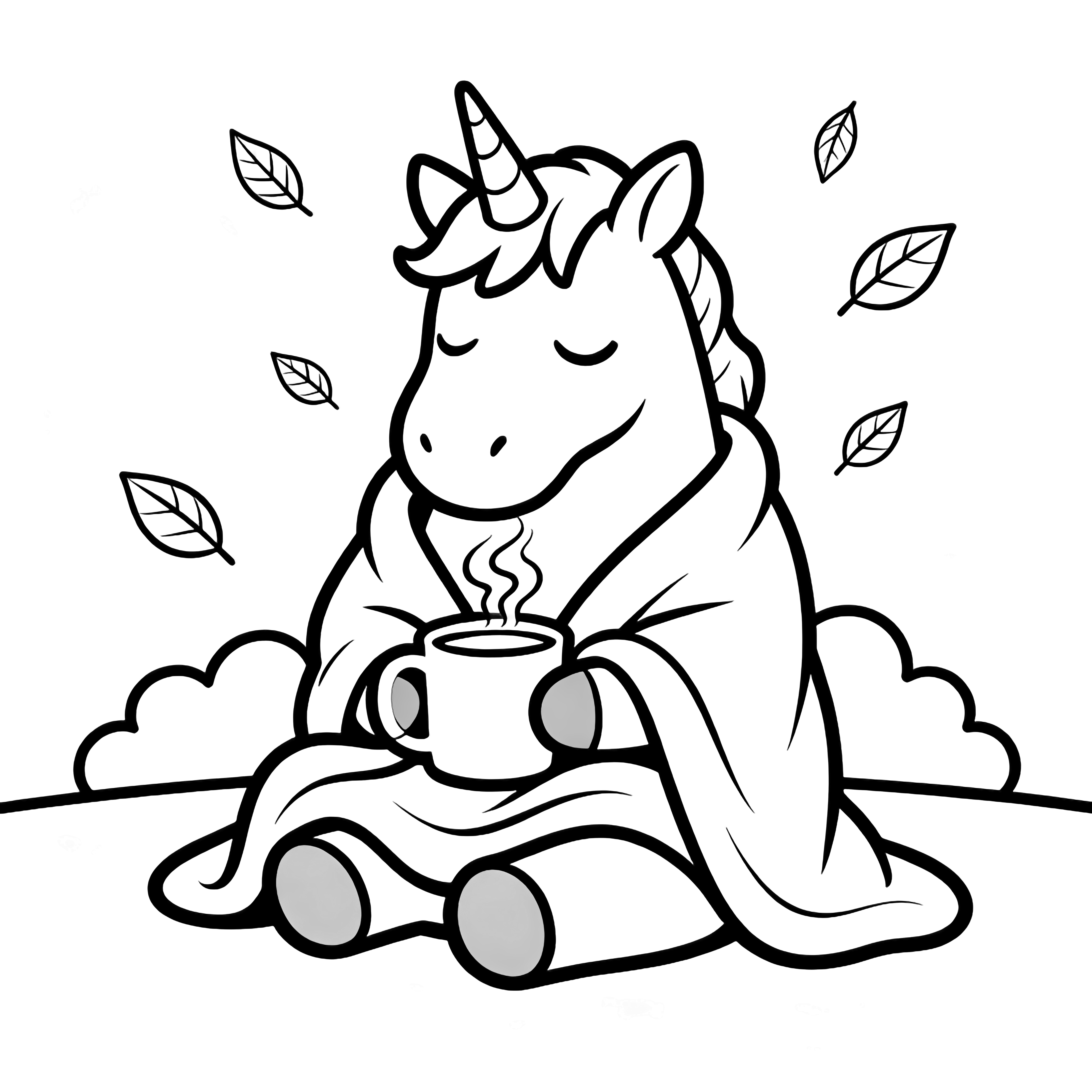 A sleepy unicorn wrapped in a blanket hugs a steaming mug while leaves drift around and clouds float behind. kleurplaat