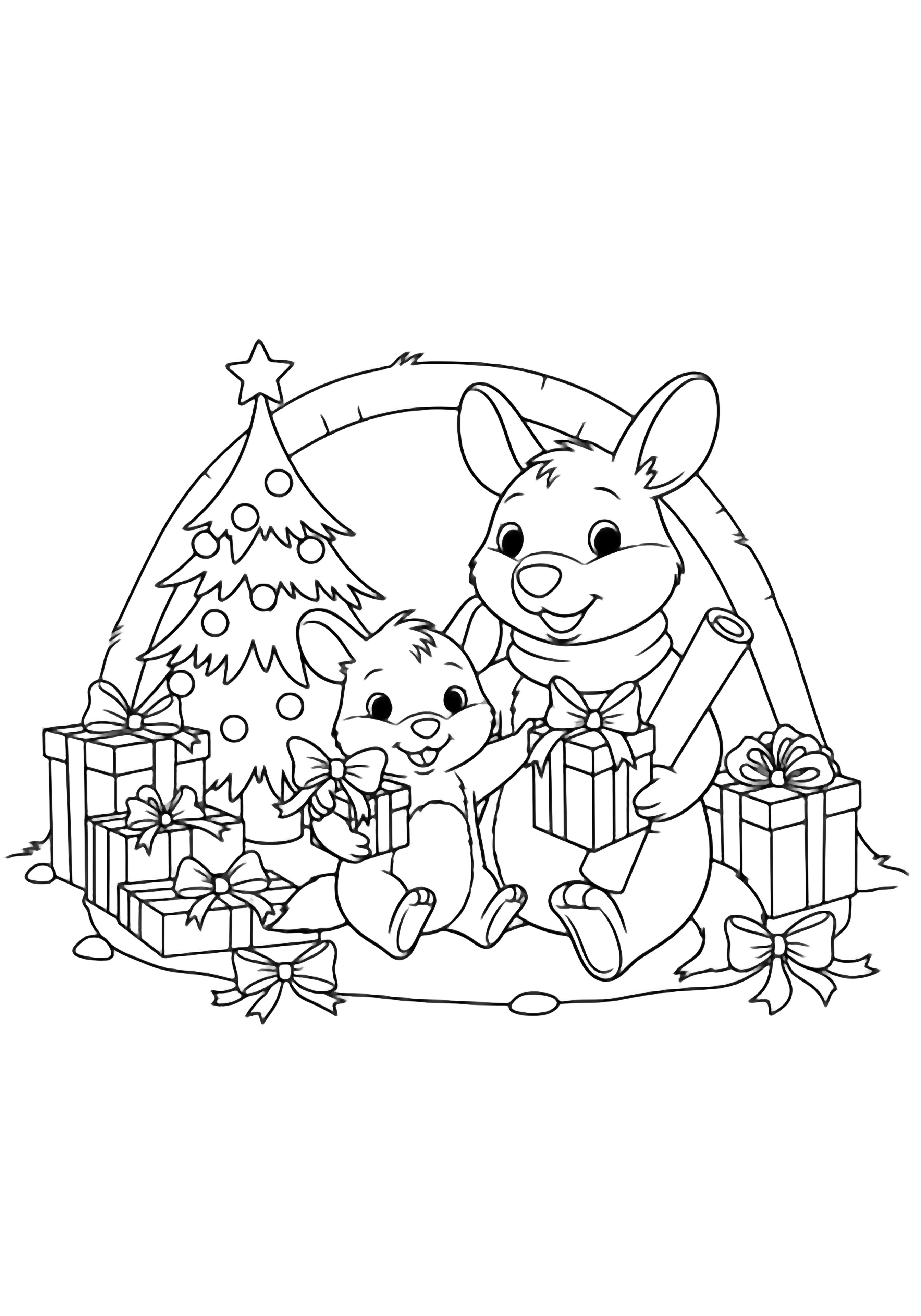 Roo and Kanga wrapping presents in a cozy burrow, small star-topped tree behind, scattered gifts and bows. kleurplaat