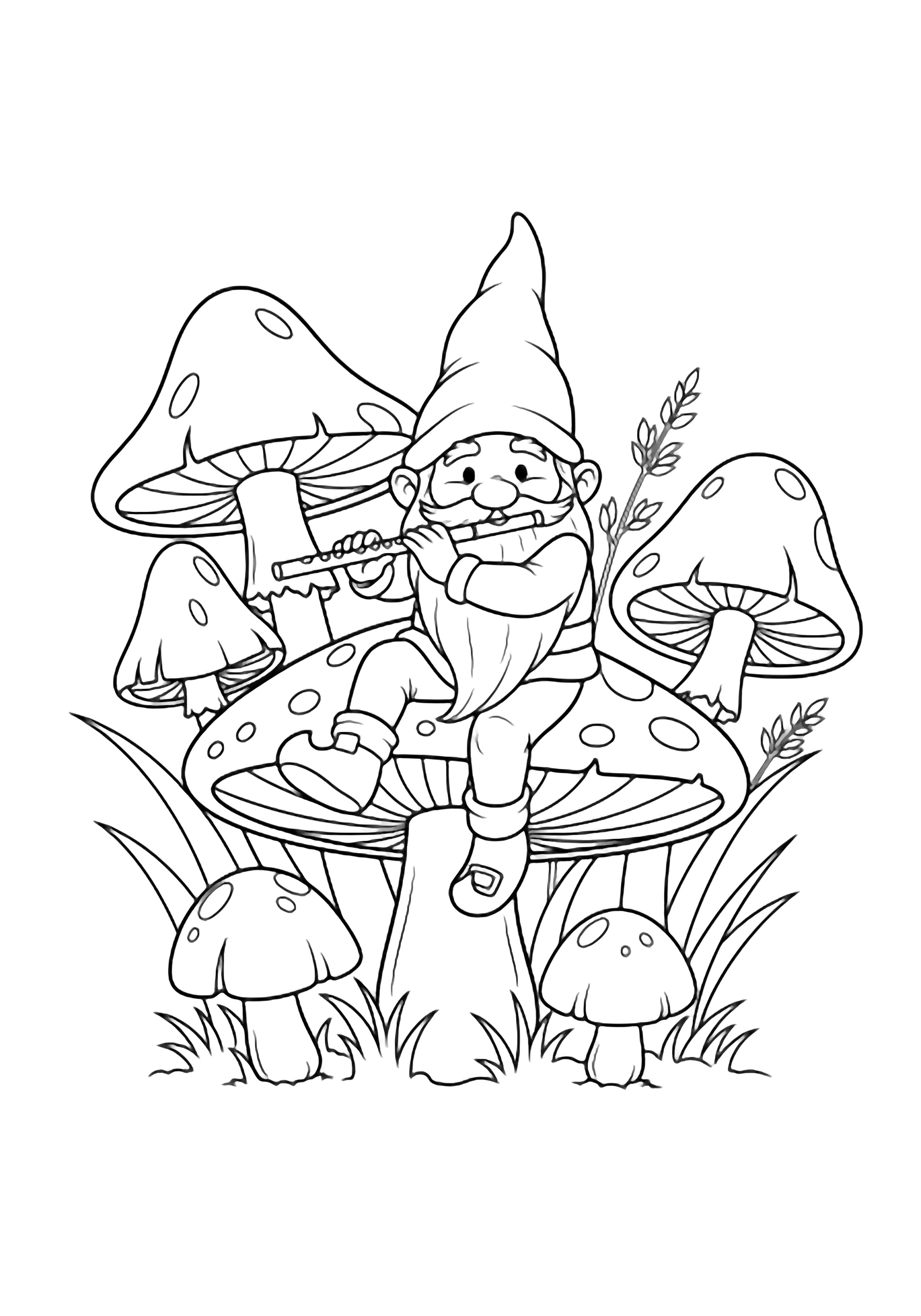 A cheerful gnome sits on a big toadstool, legs swinging, playing a flute; giant mushrooms and grass blades surround him. kleurplaat