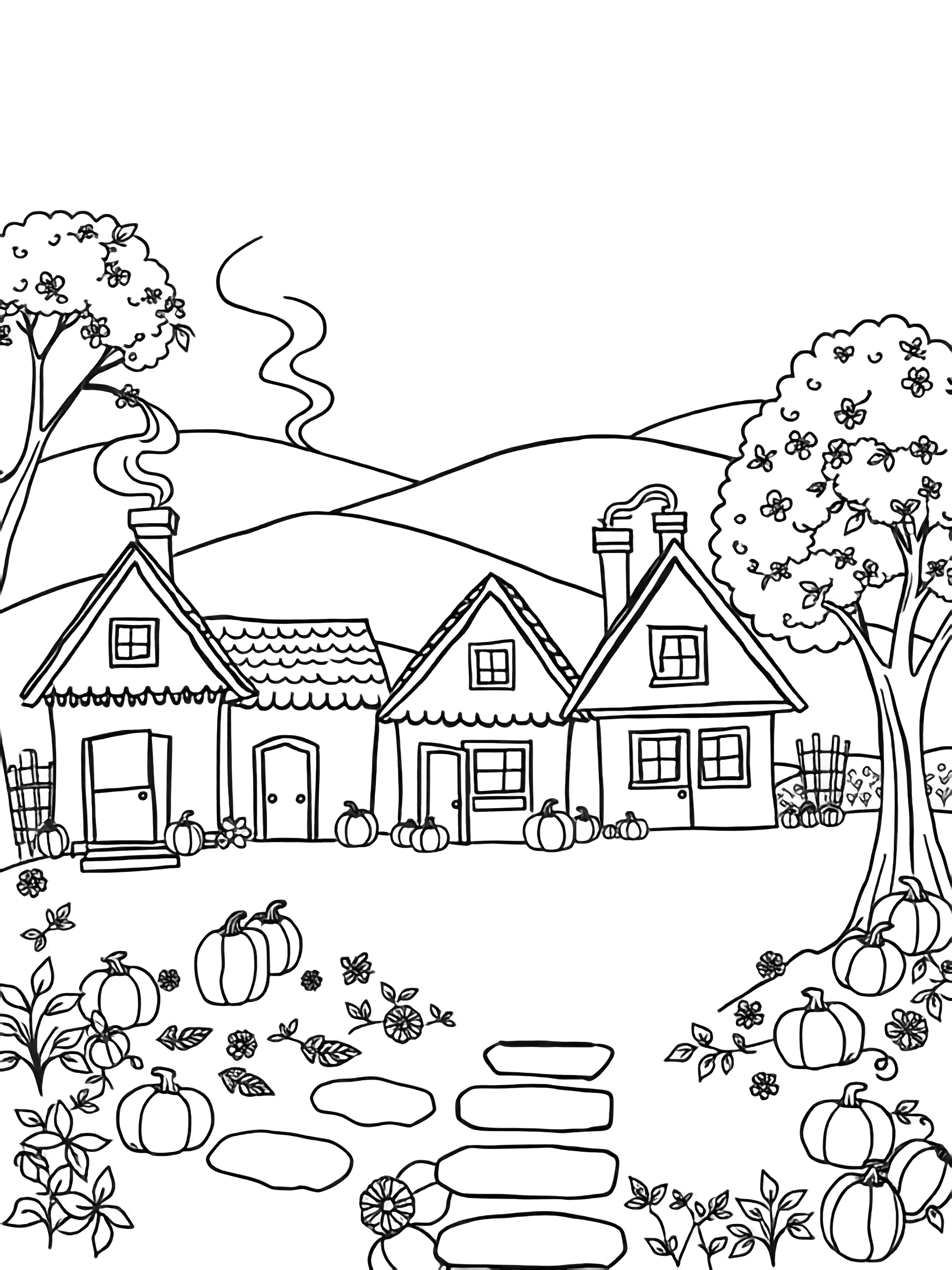 illustration on a Cozy village row: simple cottages with open doors pumpkin outlines on steps wavy smoke spirals from chimneys big leafy trees with empty spaces for rolling hills behind all in bold black outlines on white clean black kleurplaat