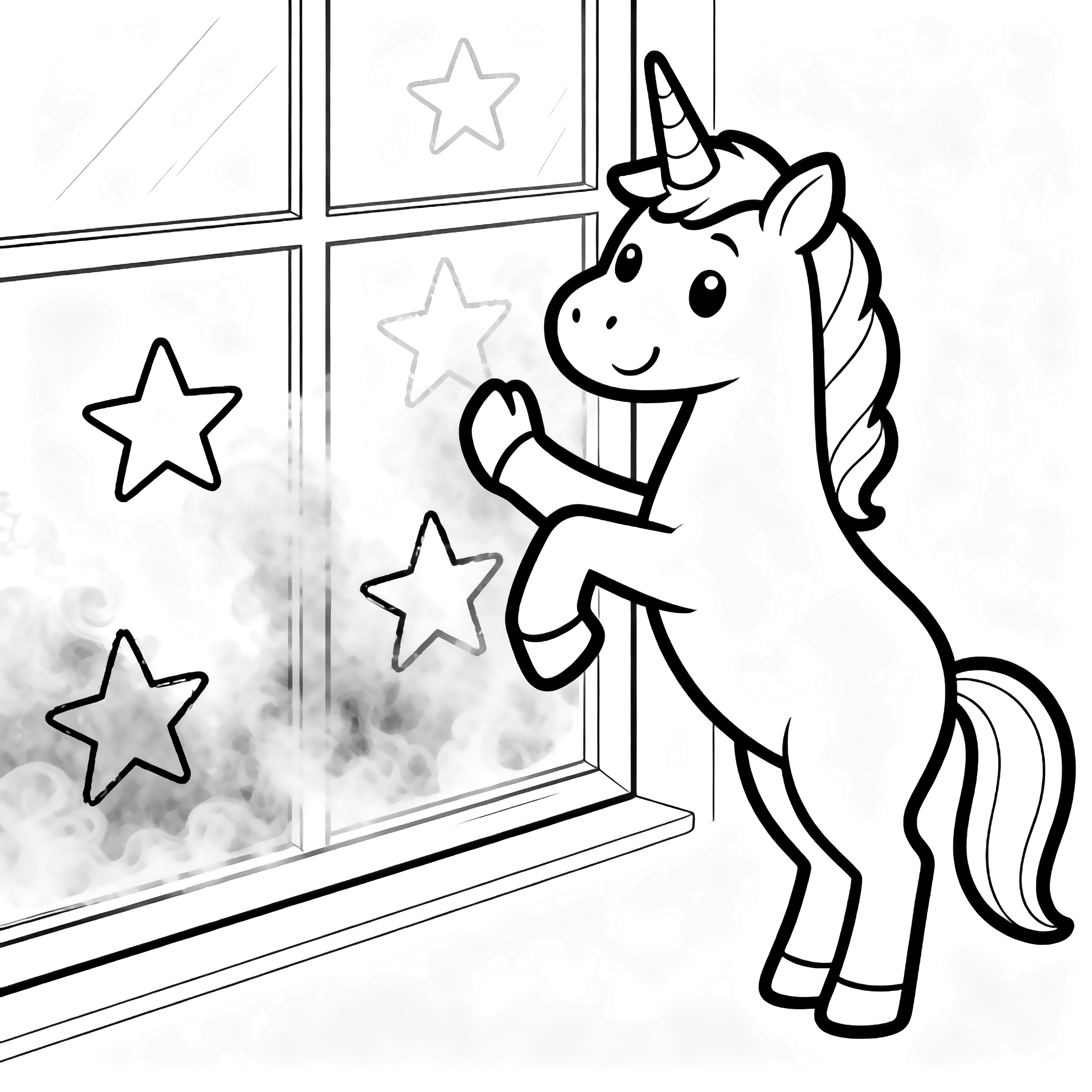 A joyful unicorn rears up, pressing a hoof to a misty window while sketching little five-pointed stars on the glass. kleurplaat