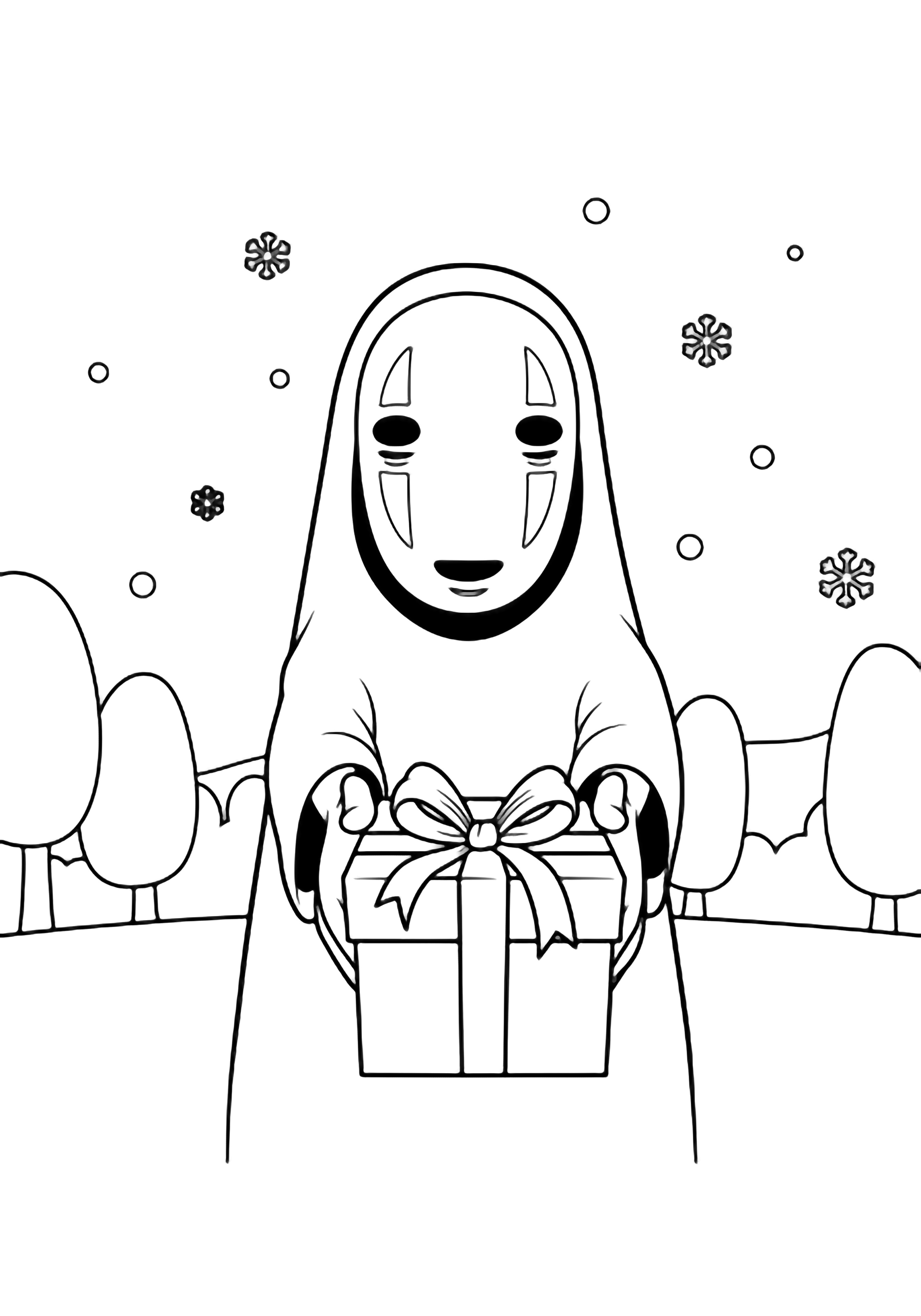 No-Face holds out a ribbon-tied gift box, tiny snowflakes drifting around, simple ground and rounded trees behind. kleurplaat