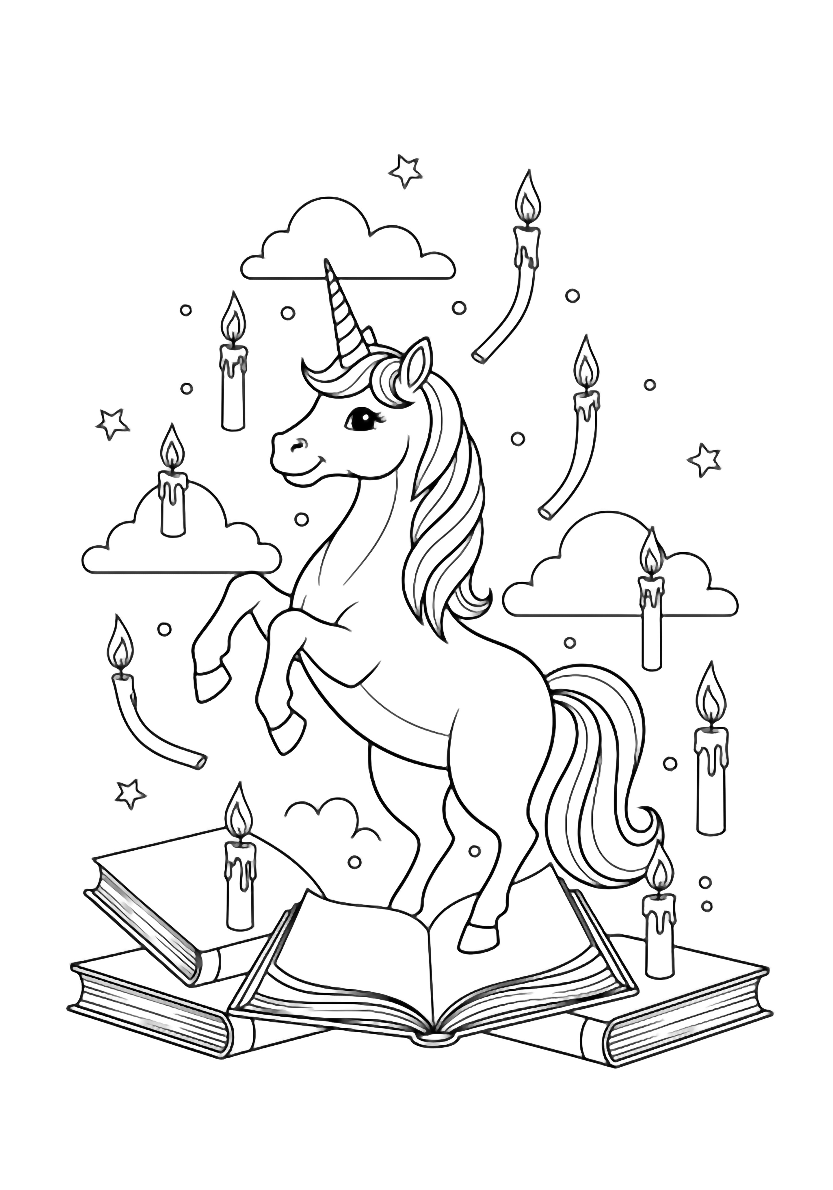 A smiling unicorn rears amid floating open books, drifting candles, loop-flamed clouds and tiny stars. kleurplaat