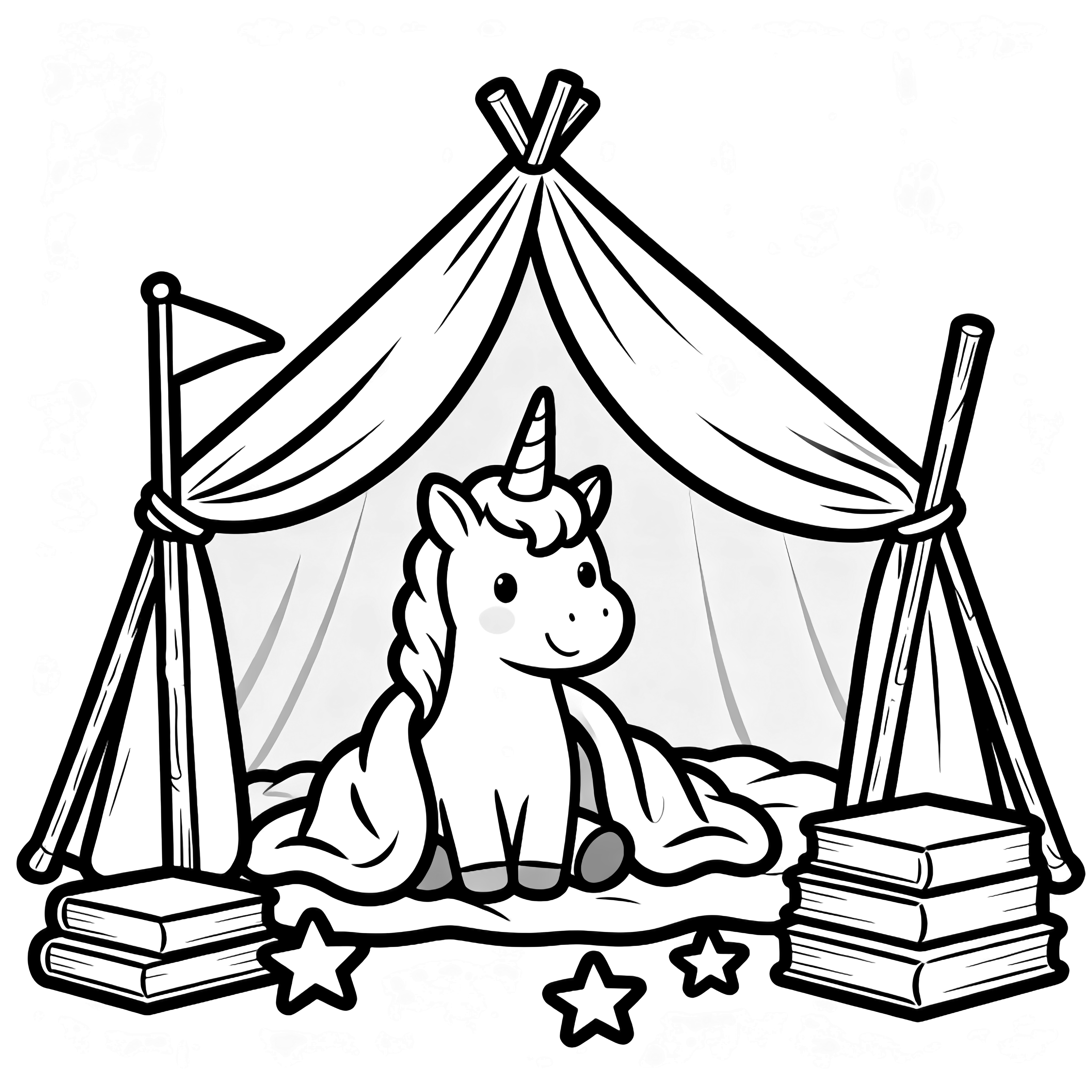 A smiling unicorn lounges in a sheet-and-stick blanket fort, flanked by stacked books, stars, and a tiny flag. kleurplaat