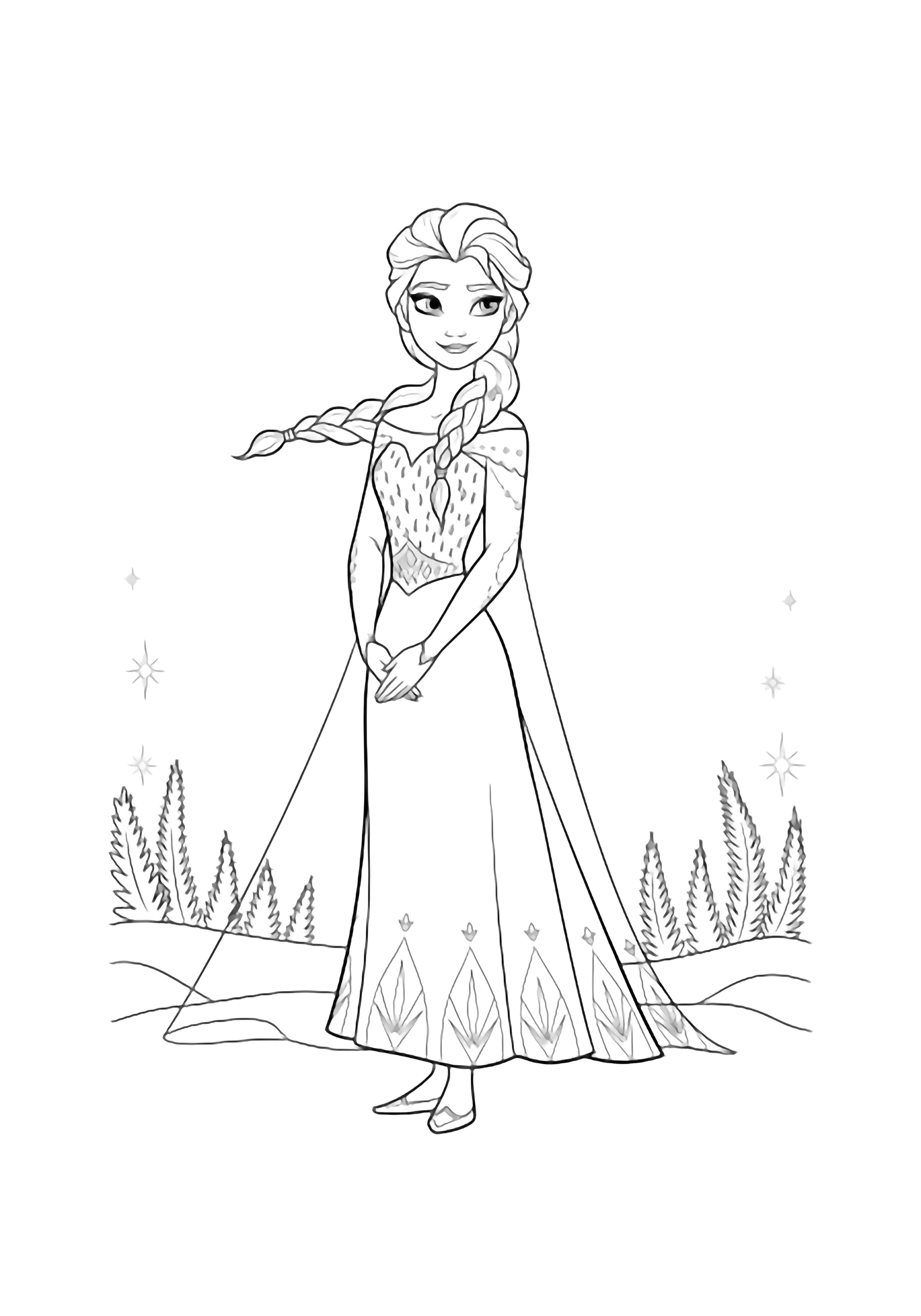 Elsa stands centered, hands softly clasped at her waist, long braid beside her; snowy ground, pine tips, faint crystals frame her. kleurplaat