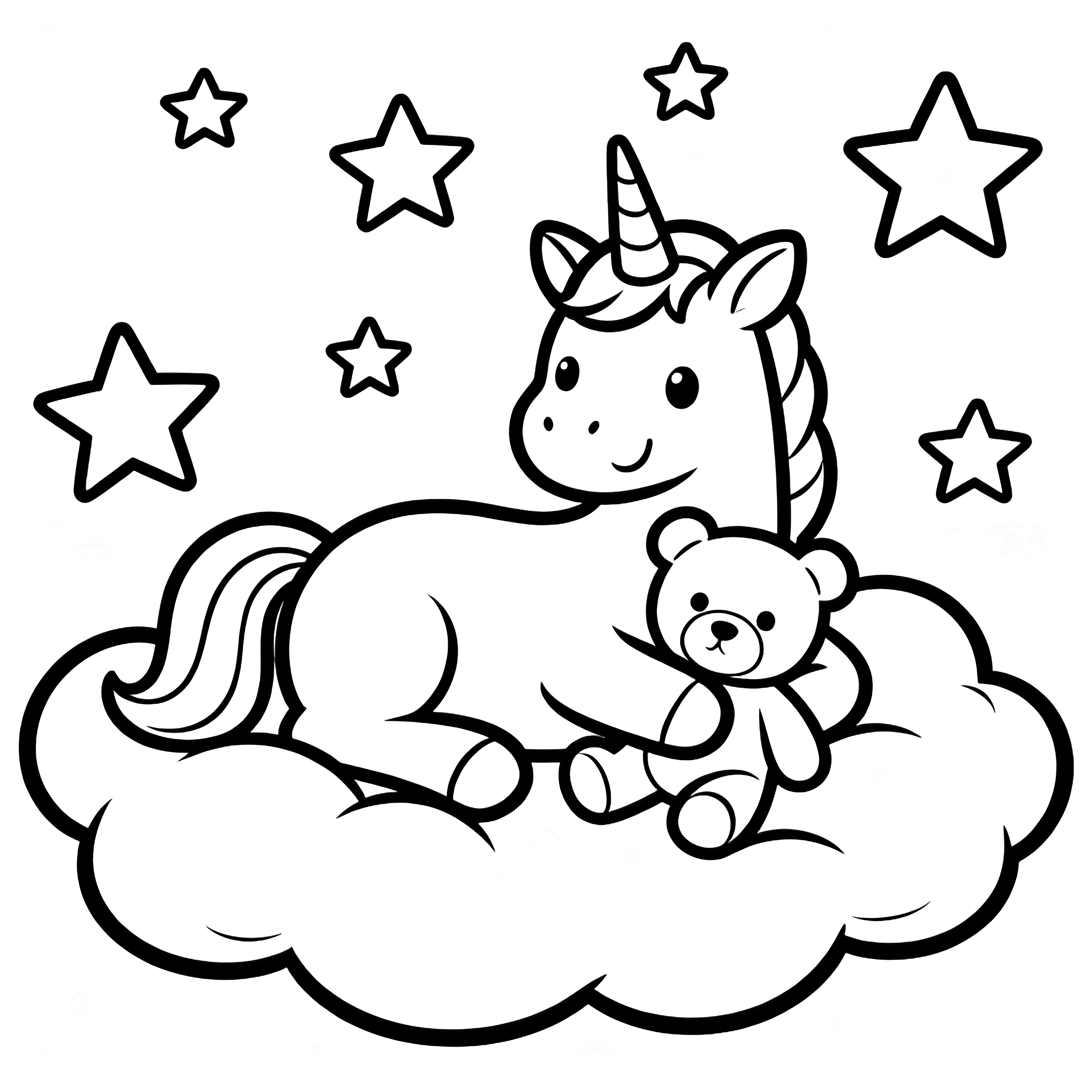 A smiling unicorn hugs a teddy bear while lounging on a fluffy cloud, surrounded by large stars. kleurplaat