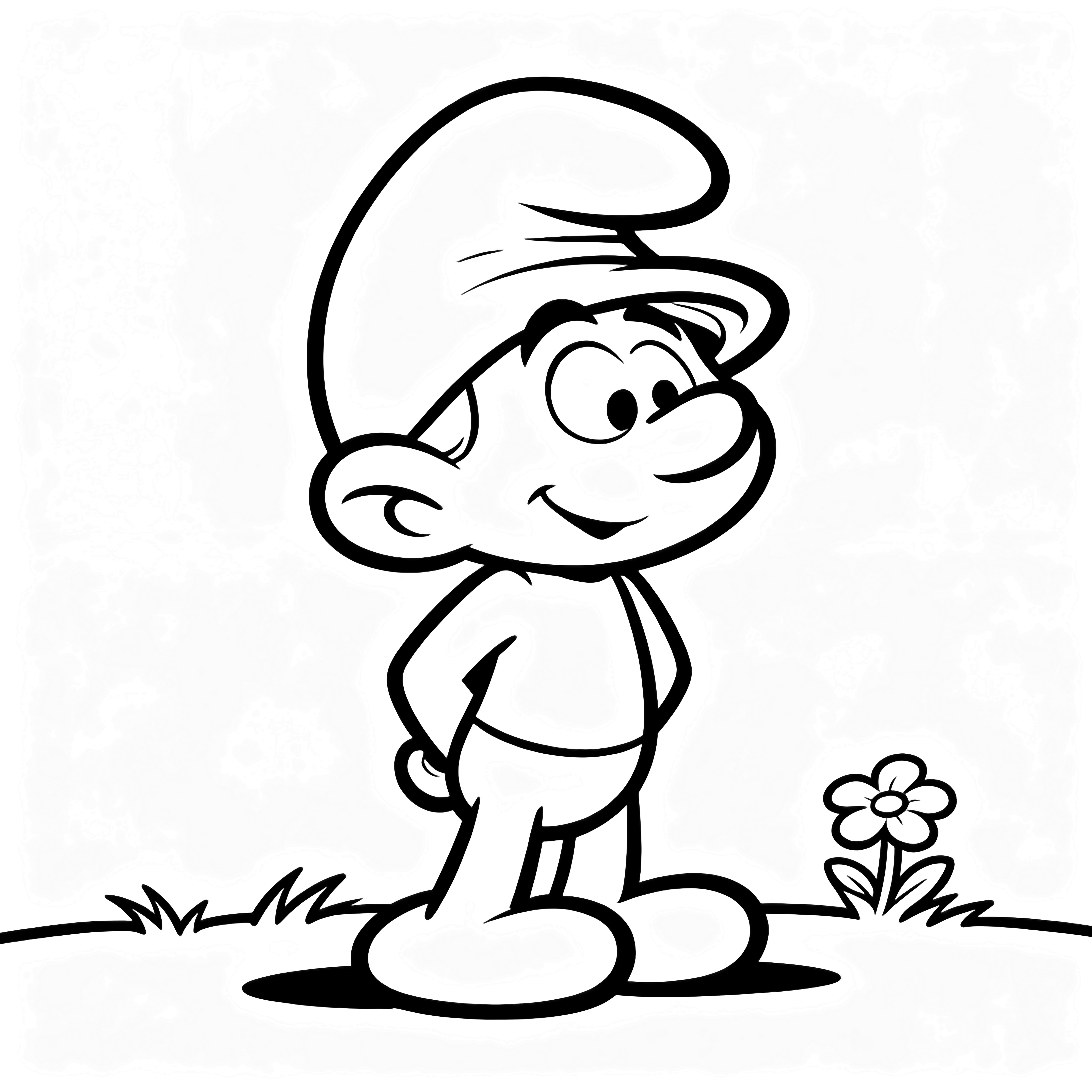 Clumsy Smurf stands with feet apart, hands behind his back and a shy smile, his oversized hat drooping; a single flower grows in the grass line at his feet. kleurplaat