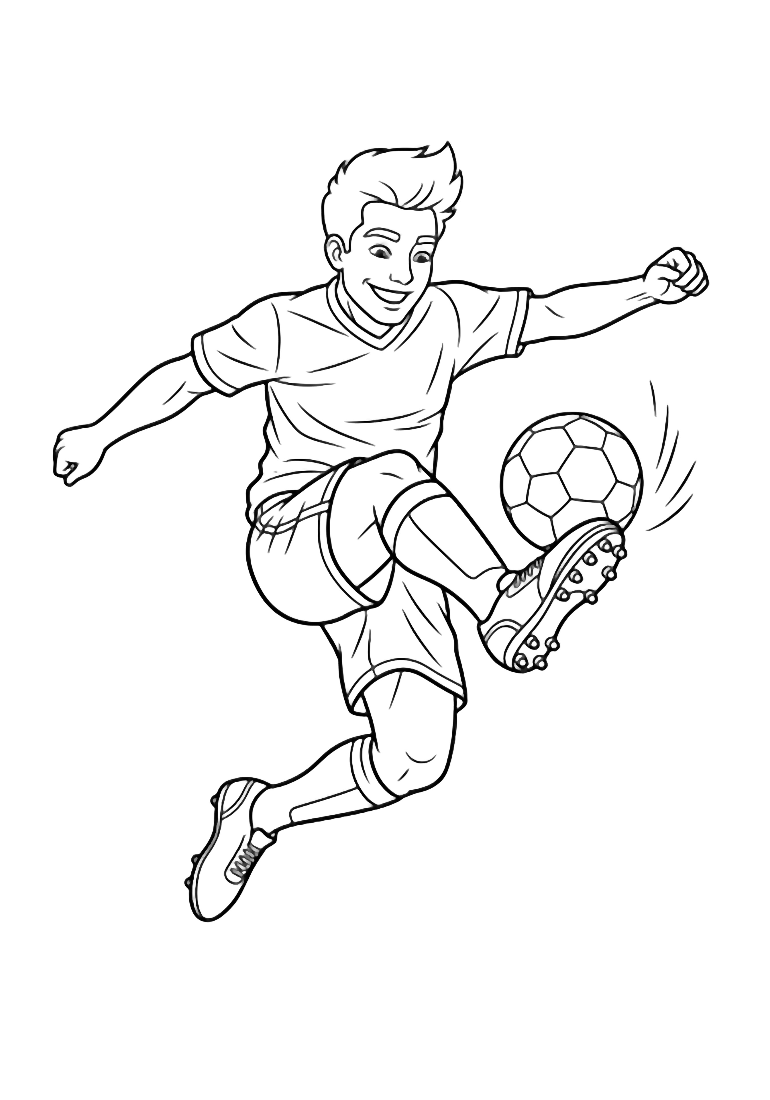 Smiling soccer player leaping mid-air, one leg high for a kick, toe just meeting the ball. kleurplaat