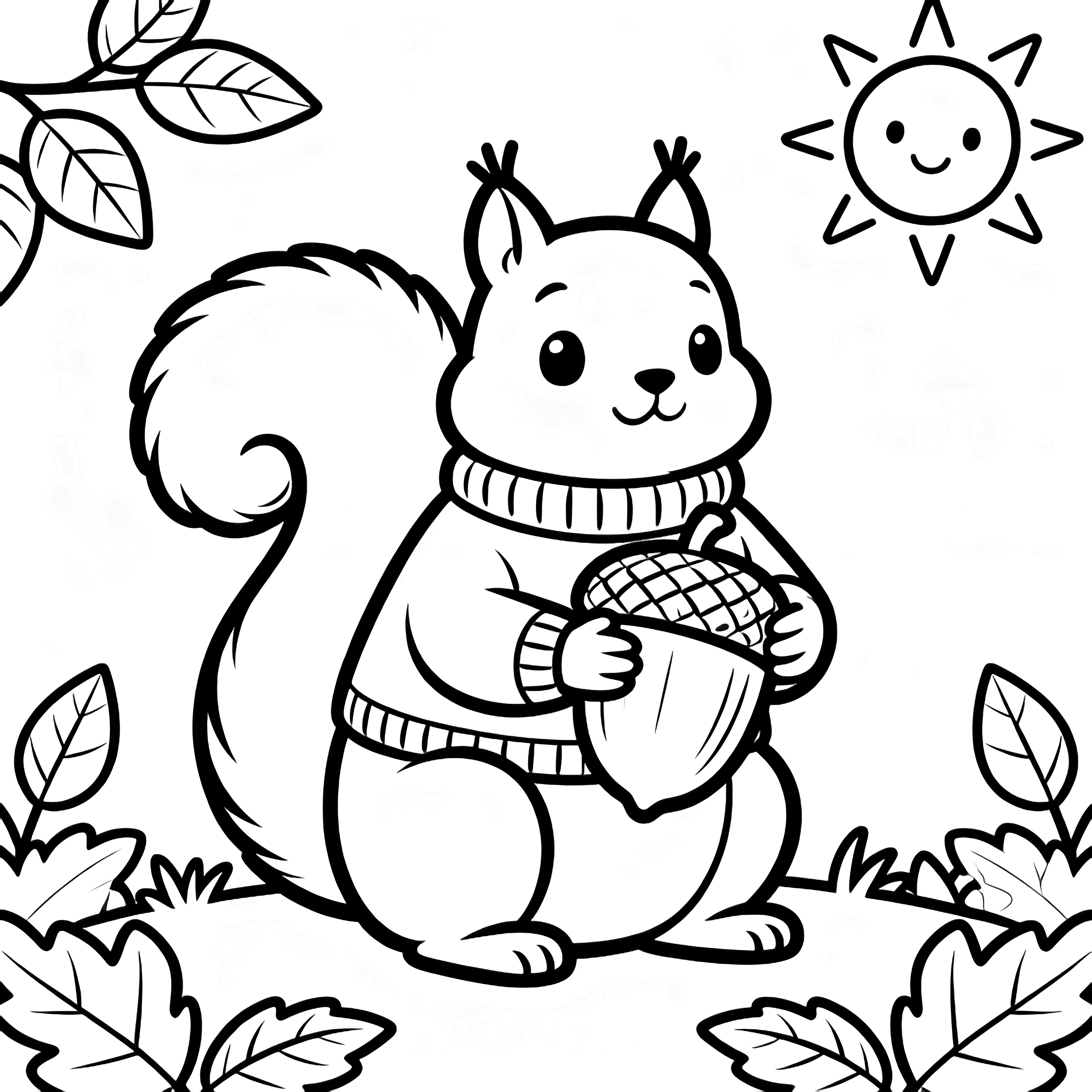 A chunky-sweatered squirrel hugs a giant acorn, framed by simple leaves and a smiling sun. kleurplaat