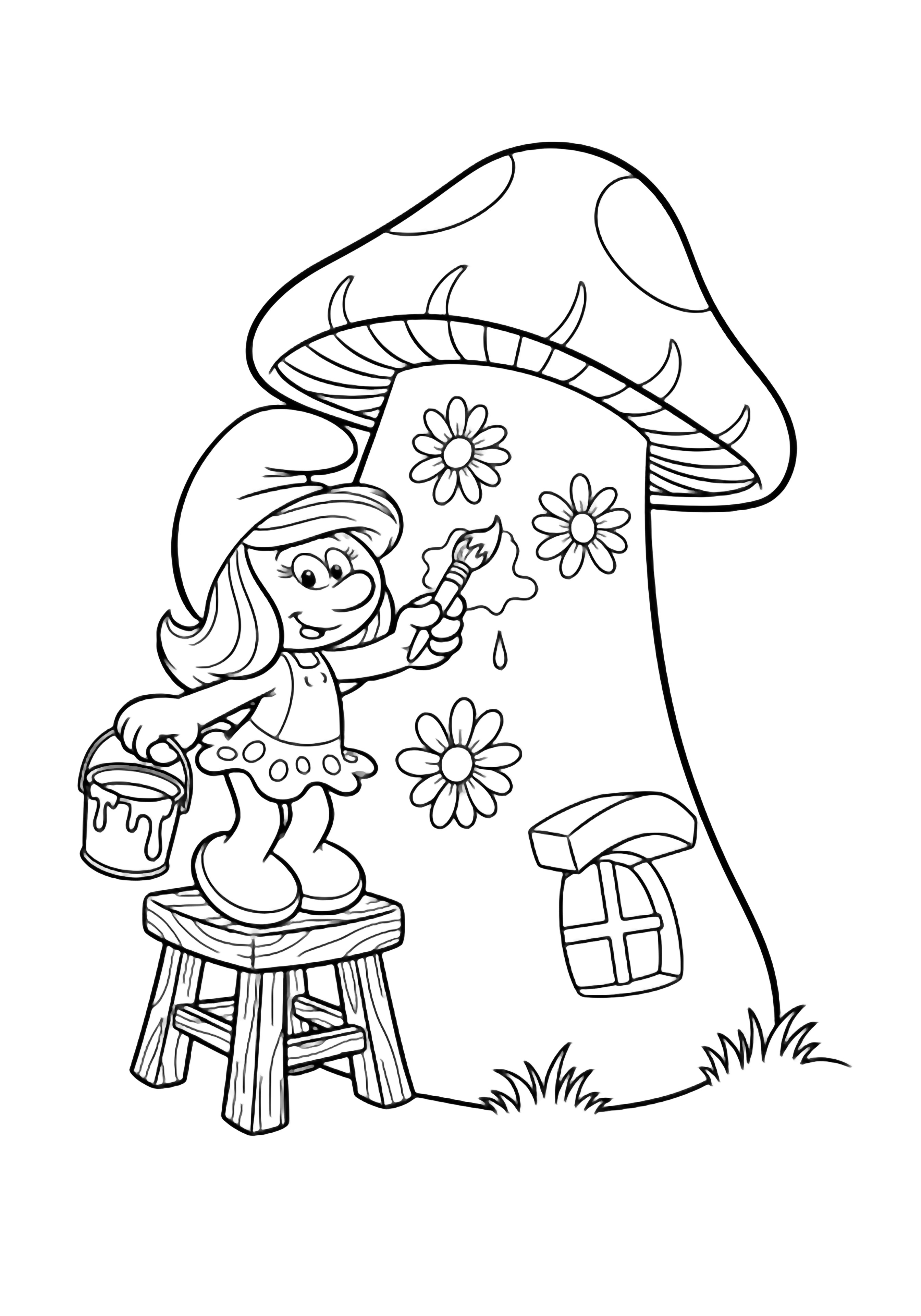 Smurfette stands on a stool painting daisy outlines on her curved mushroom-house wall, holding a dripping brush over a paint bucket. kleurplaat