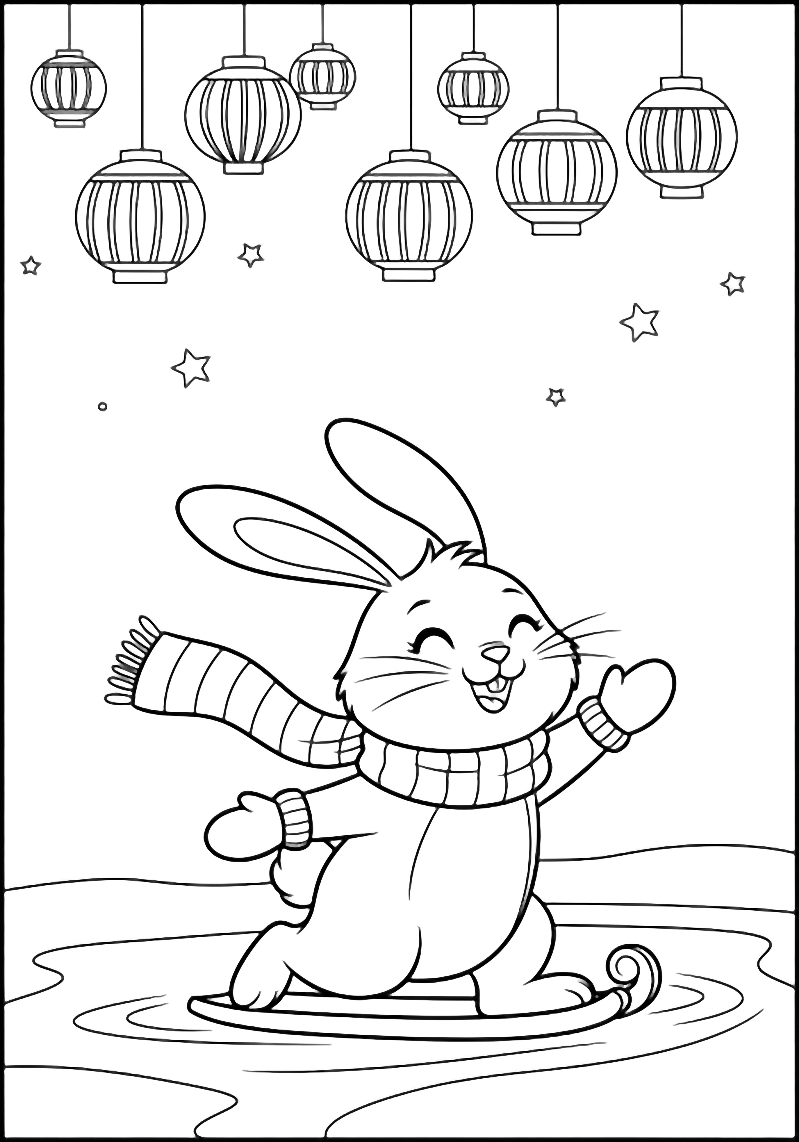 A smiling bunny skates on a frozen pond in scarf and mittens, lanterns strung overhead, tiny stars in the sky. kleurplaat