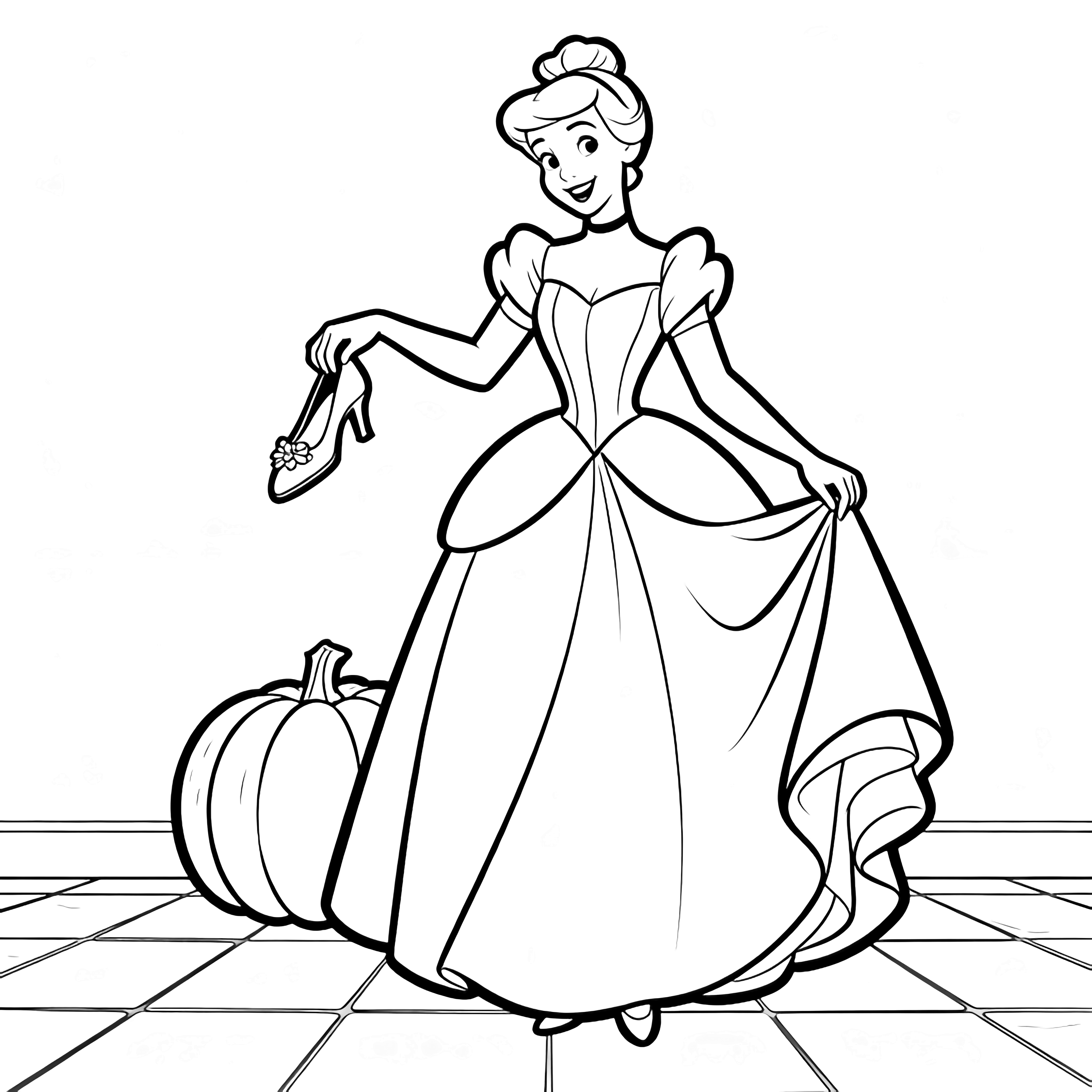 Cinderella smiles, lifting a glass slipper while holding her flowing skirt; a pumpkin rests on simple floor tiles behind her. kleurplaat