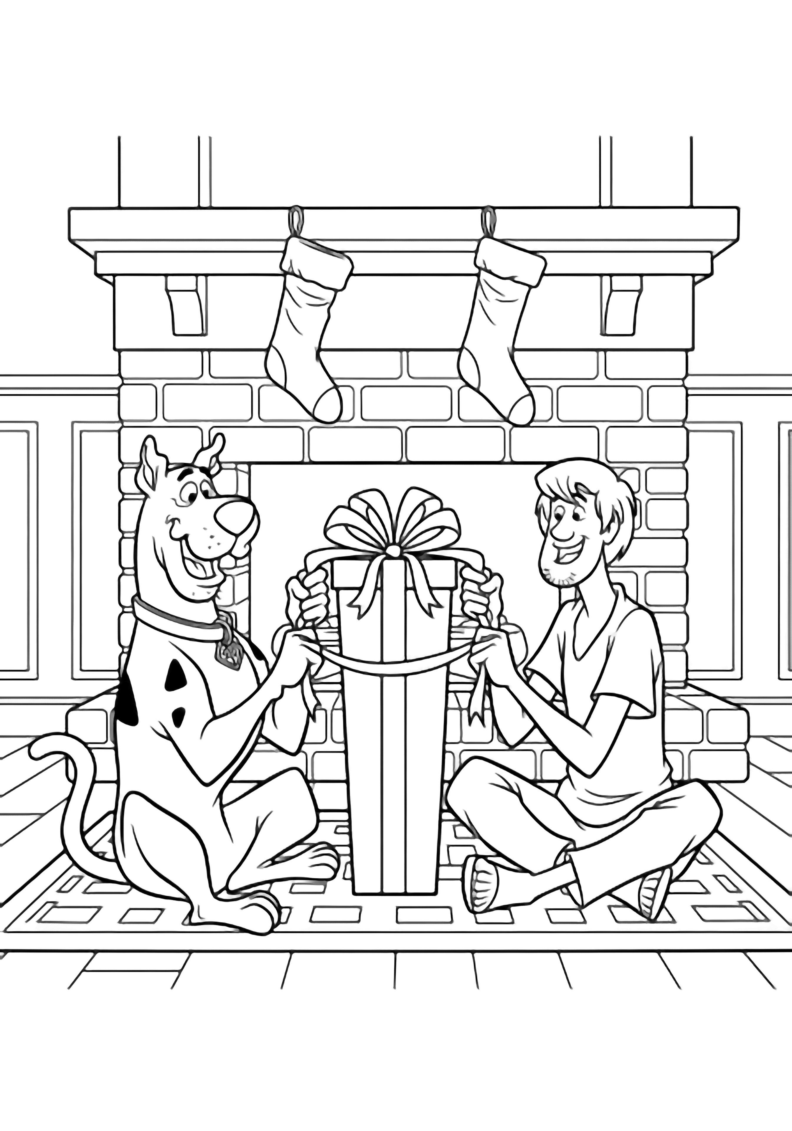 Scooby-Doo and Shaggy sit cross-legged on a rug gleefully pulling ribbon from a tall present beside a brick fireplace hung with Christmas stockings. kleurplaat