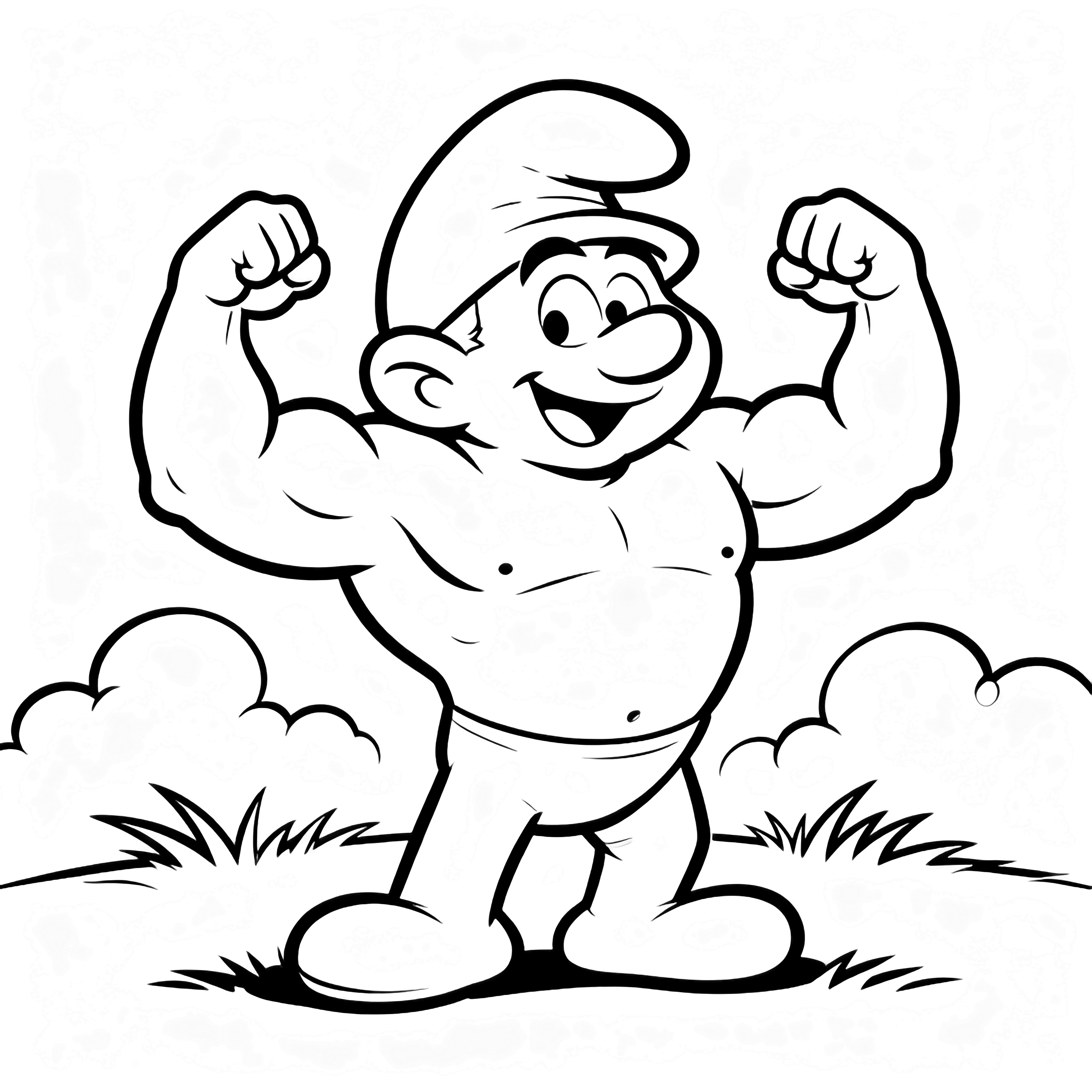 Hefty Smurf poseert trots in het midden, voeten wijd, armen gebogen, brede glimlach; eenvoudige graslijn en wollige wolk op de achtergrond. kleurplaat