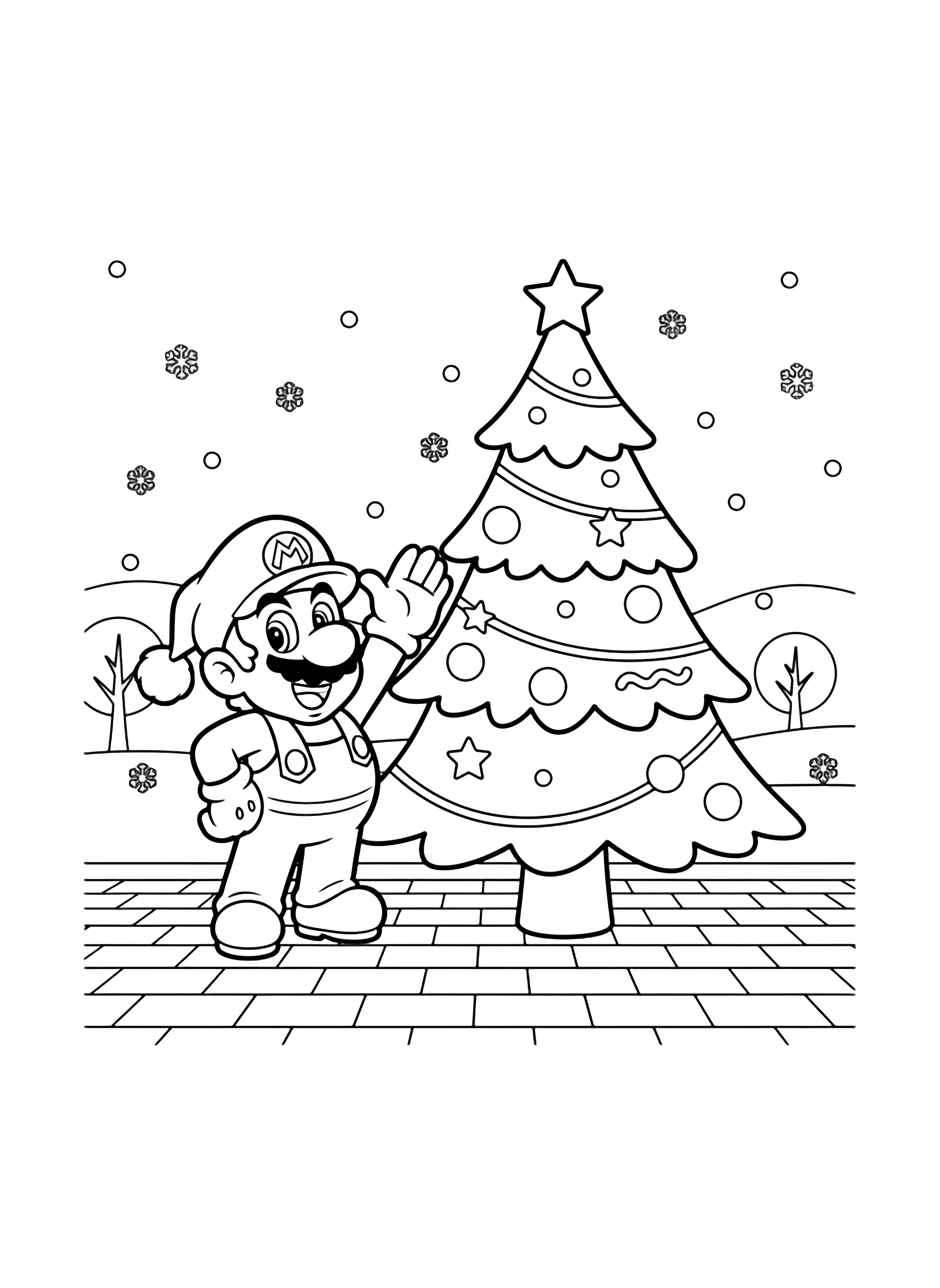 illustration on a Mario in Santa hat waves beside a giant outline Christmas tree; simple plaza bricks distant hills light snowflakes drifting bold white spaces everywhere to color clean black kleurplaat