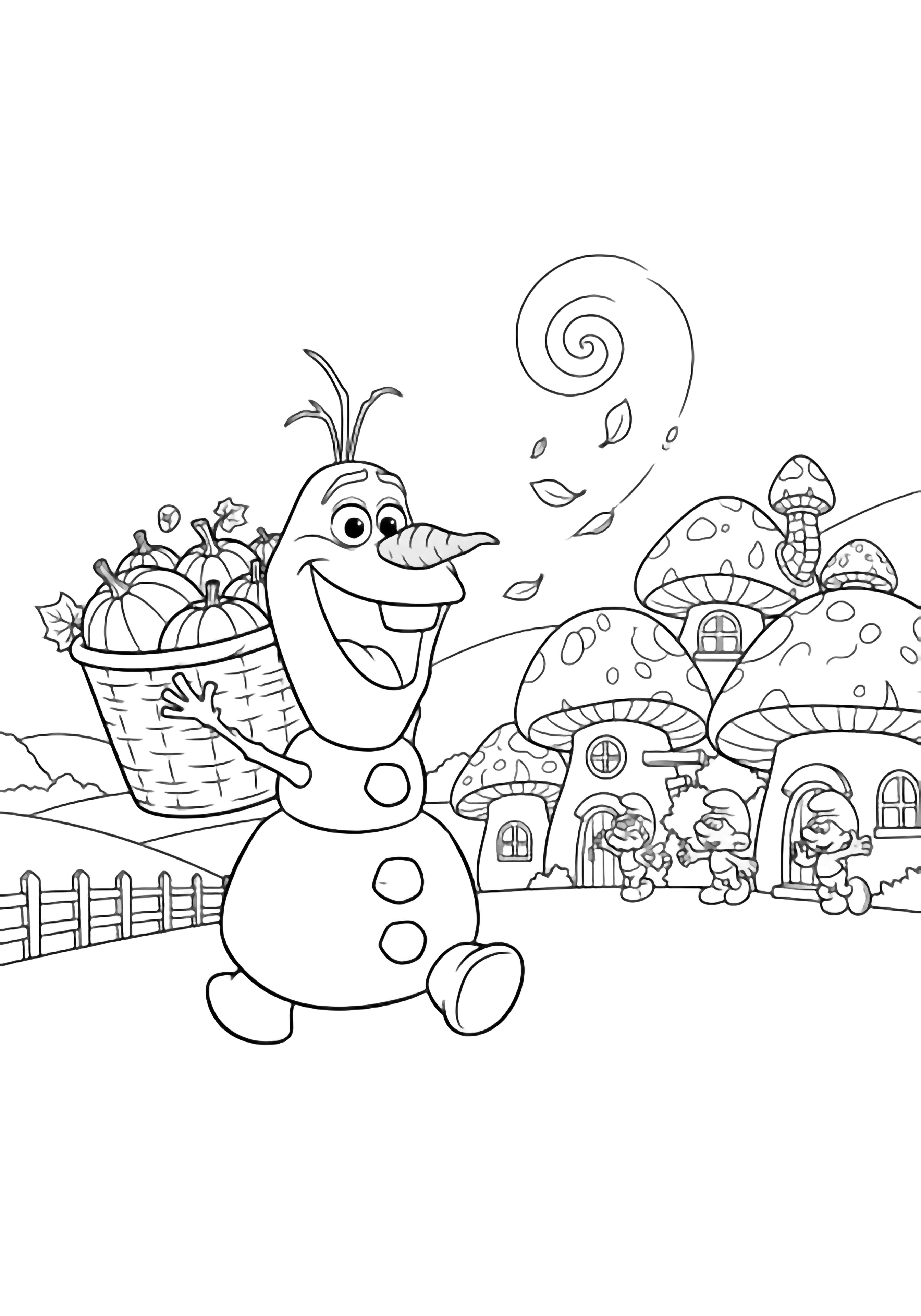 Olaf with a carrot nose smiles, hauling a basket of pumpkins toward mushroom houses while tiny Smurfs wave from doorways and leaves drift over fences and hills. kleurplaat