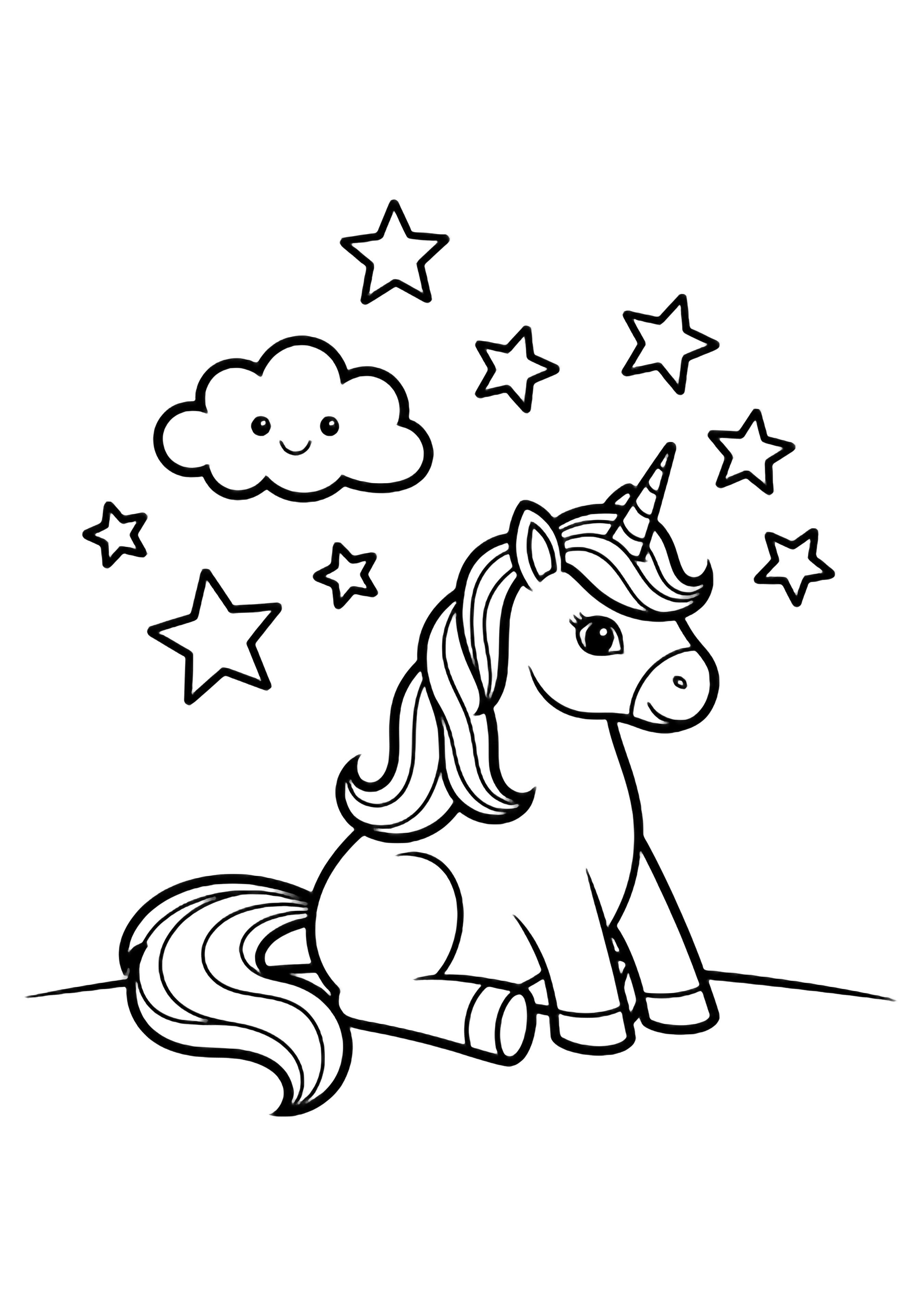 A smiling unicorn sits on the ground, tail curled, mane flowing; stars and a happy cloud drift behind. kleurplaat