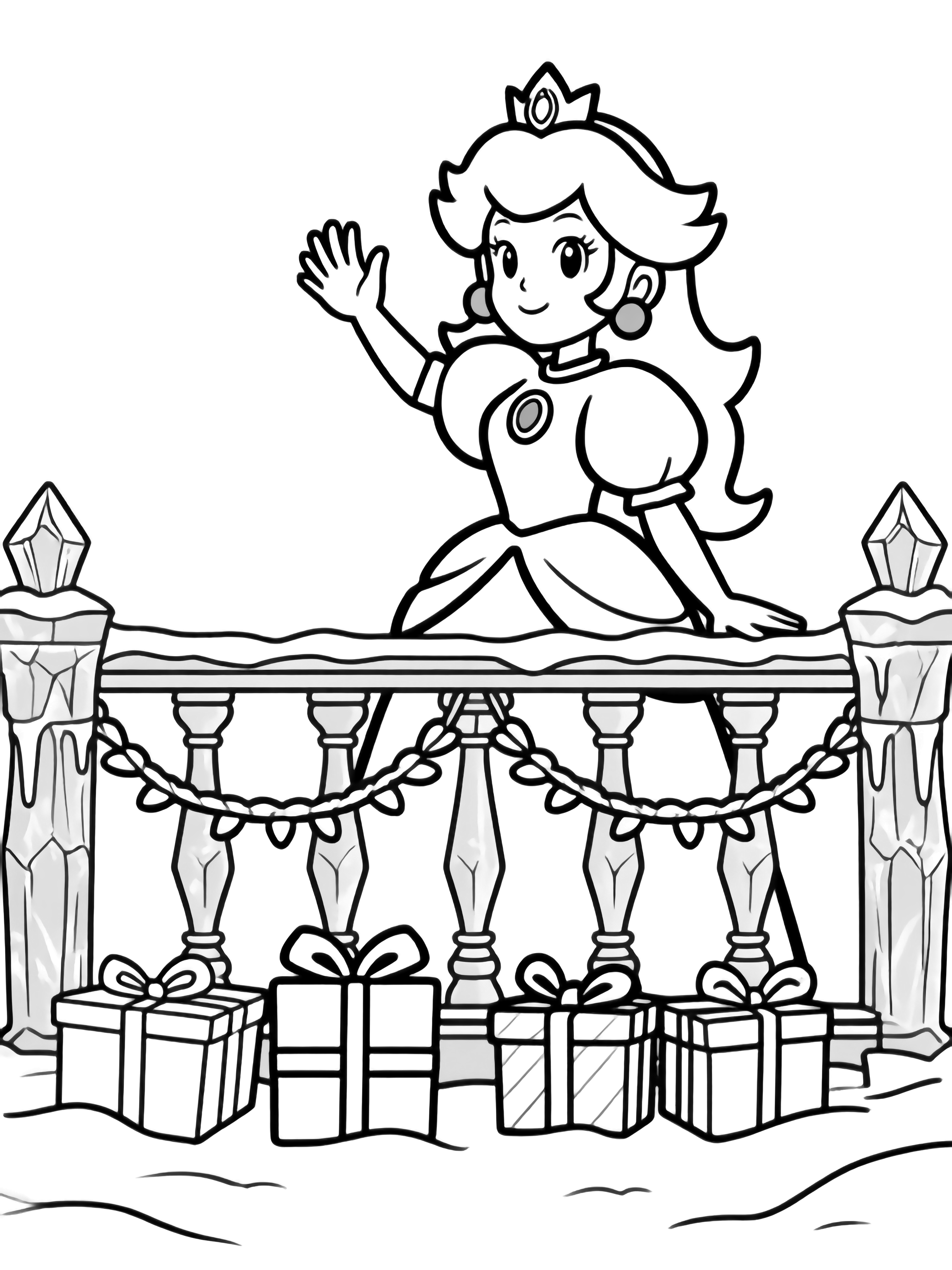 Princess Peach waves from an ornate ice balcony; below, neatly wrapped gifts line up beneath garlands strung between icicle pillars, all set against a snowy backdrop. kleurplaat
