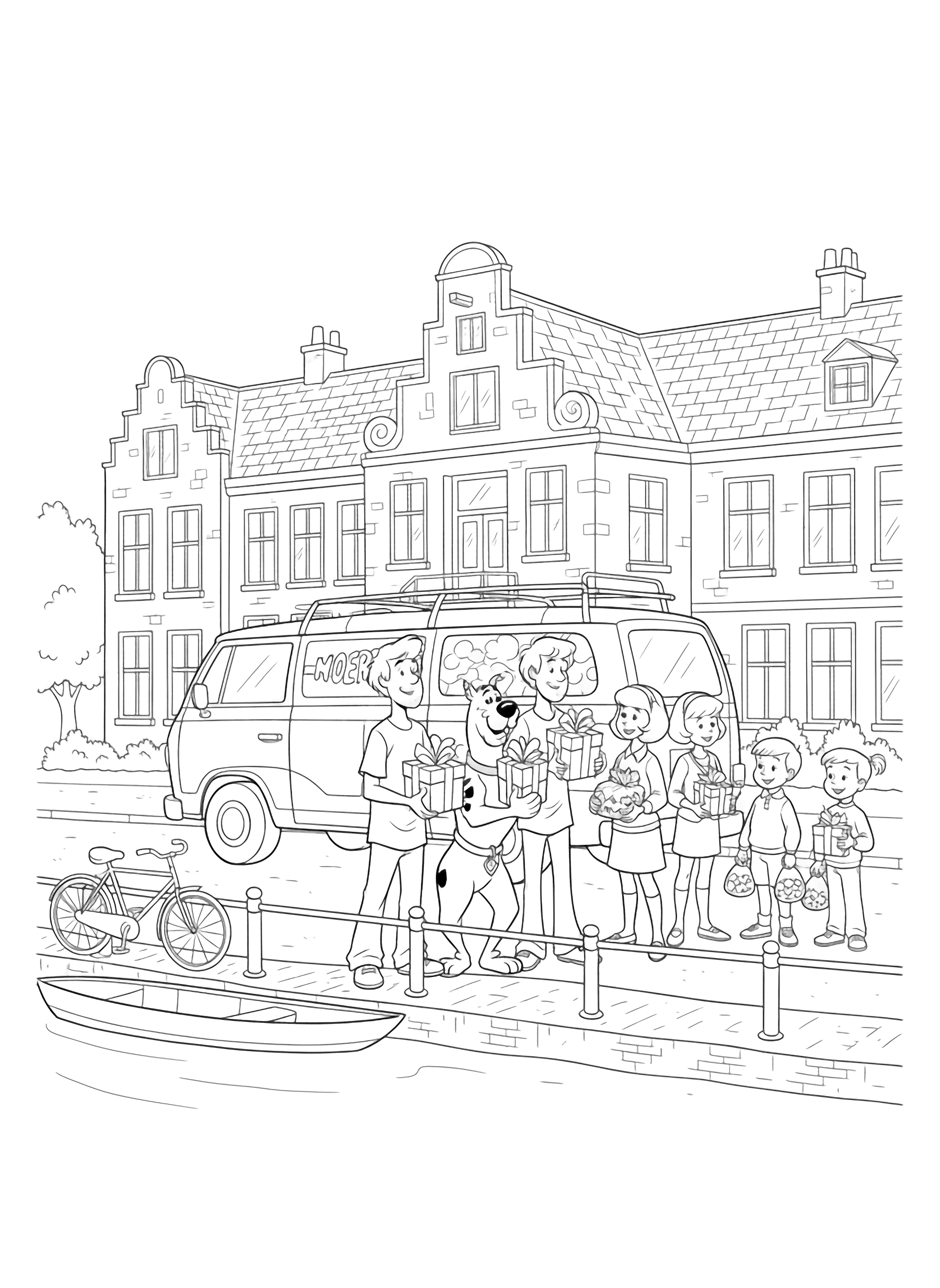 Scooby, Shaggy, Fred, Daphne, Velma stand beside their van outside a Dutch school, holding gift boxes and pepernoten while children wait nearby; a simple canal and bike are outlined. kleurplaat