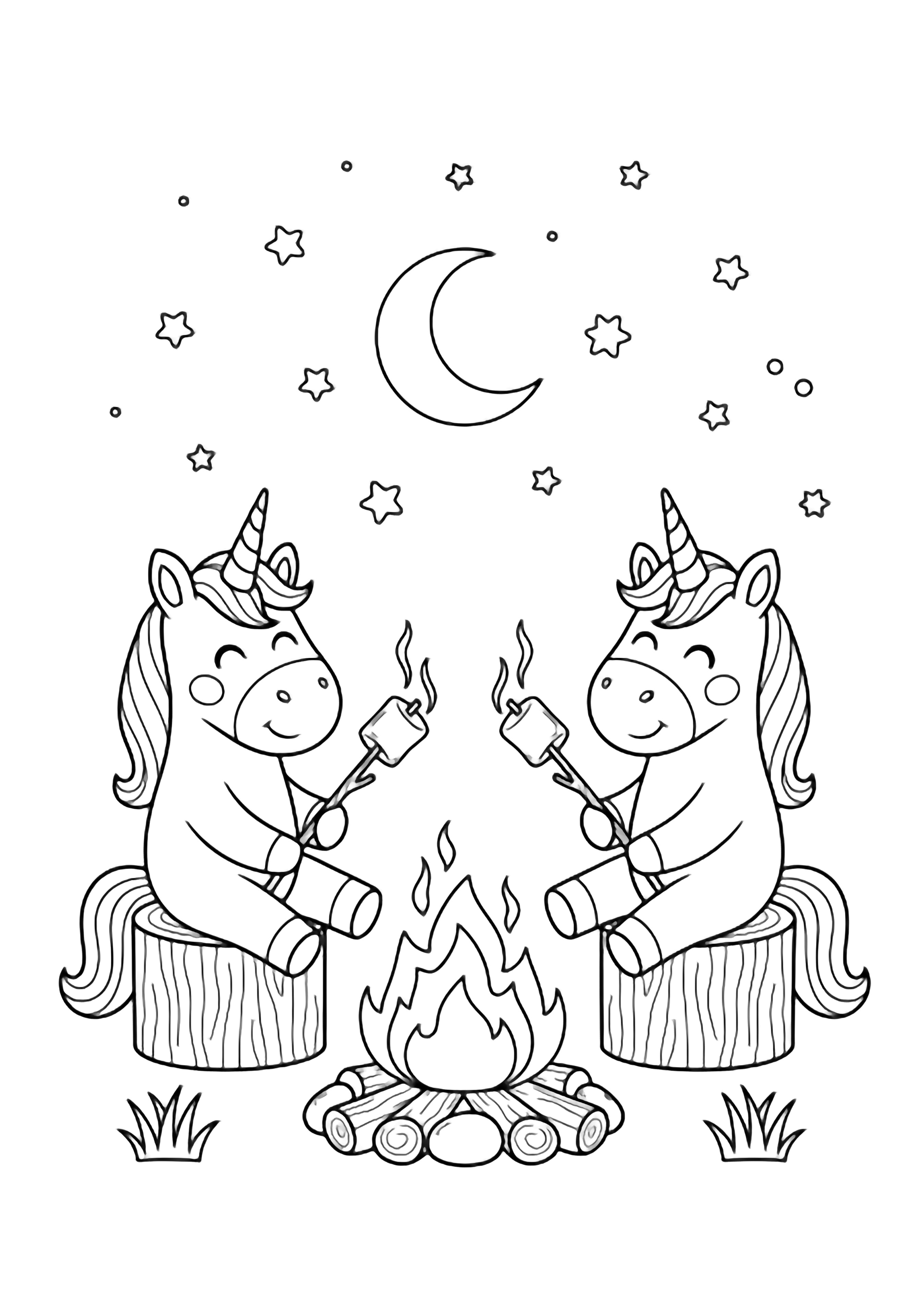 Two smiling unicorns roast marshmallows over a campfire while sitting on log stools beneath stars and a crescent moon. kleurplaat