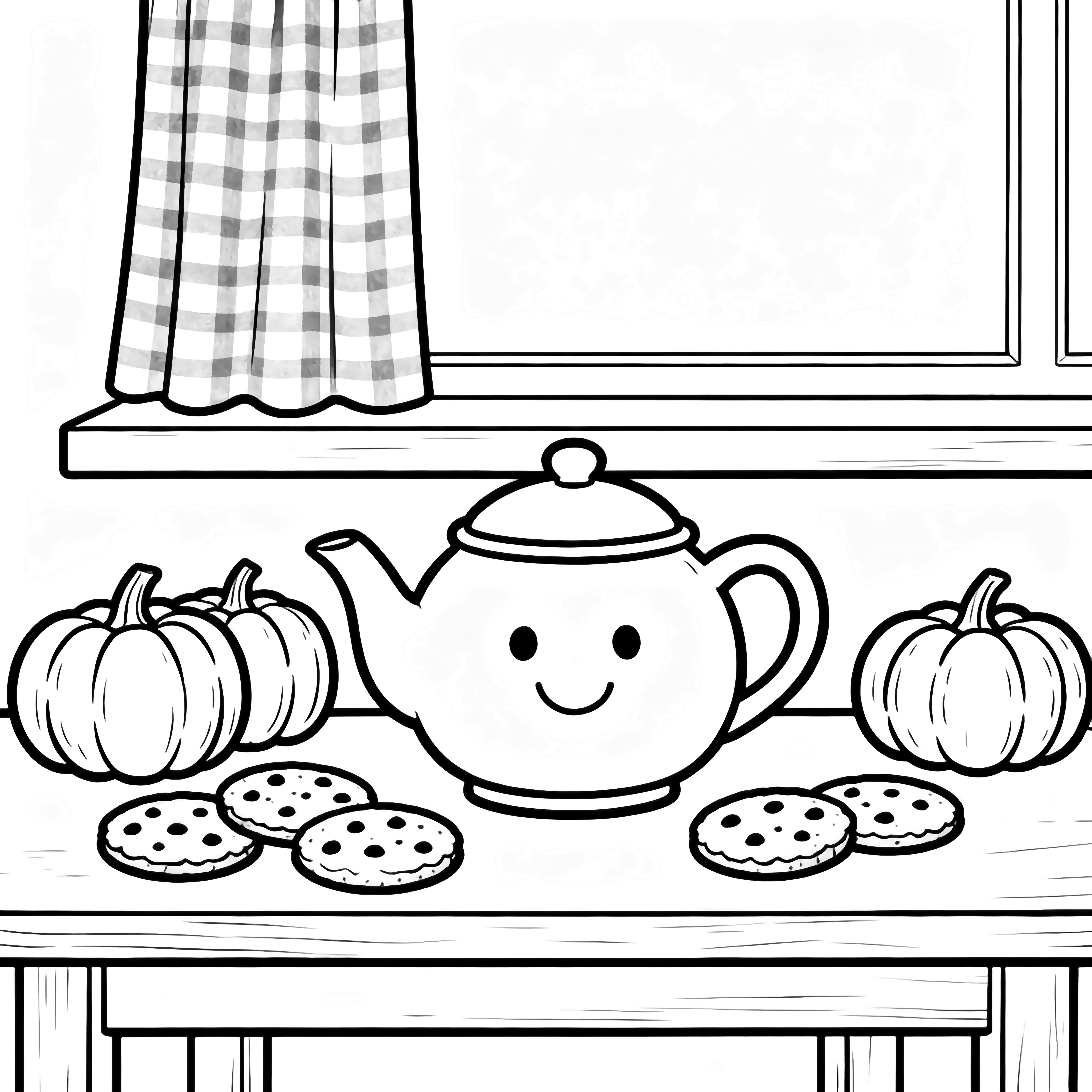Cheerful teapot with smiling face on kitchen table beside five round cookies and three plump pumpkins, checked curtain and blank windowsill behind. kleurplaat