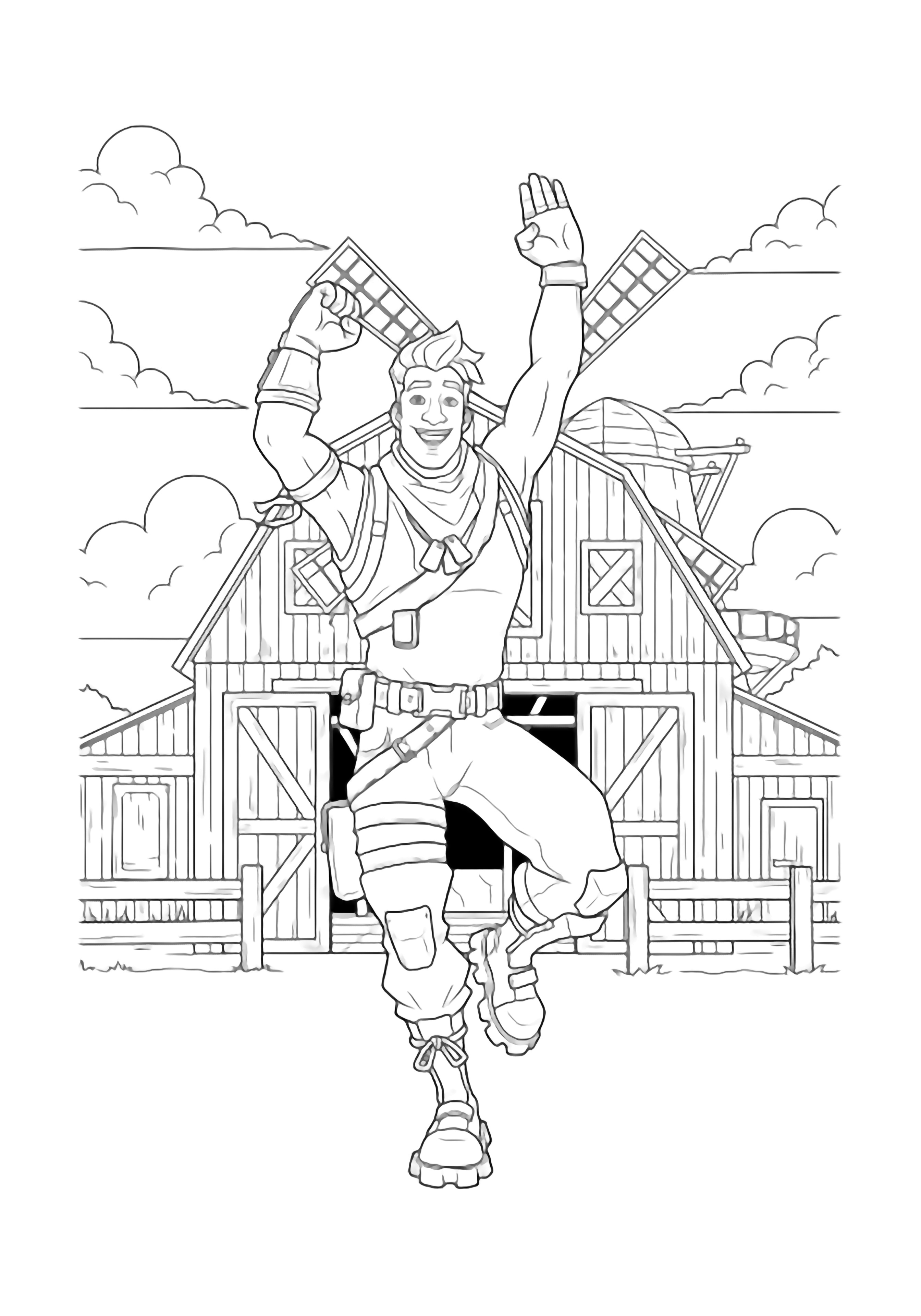 Jonesy dancing with raised arms and one knee up in front of a Dutch barn with windmill blades, fence, and fluffy clouds. kleurplaat