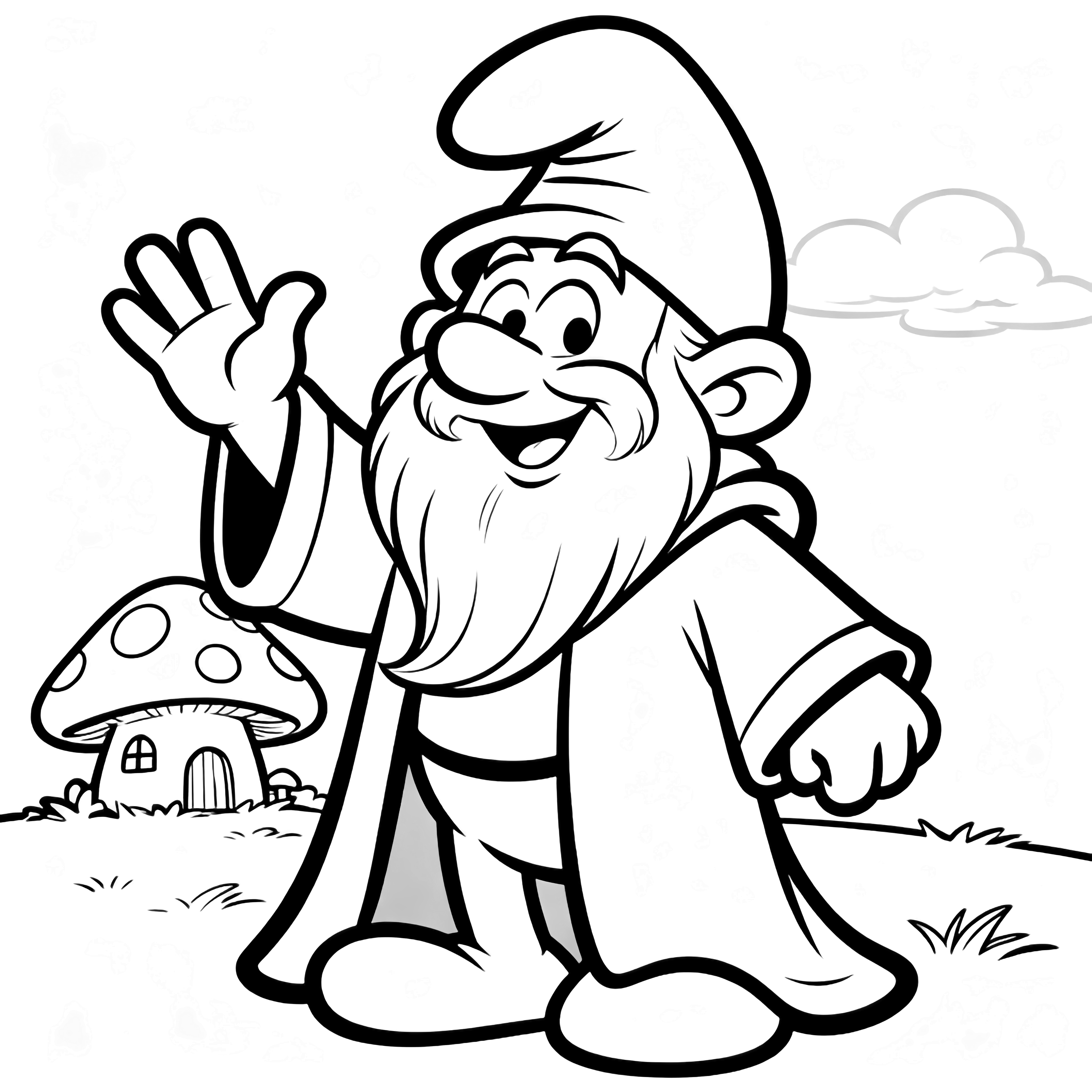 Papa Smurf waves cheerfully, his beard and tall cap flowing, beside a tiny mushroom house under soft clouds. kleurplaat