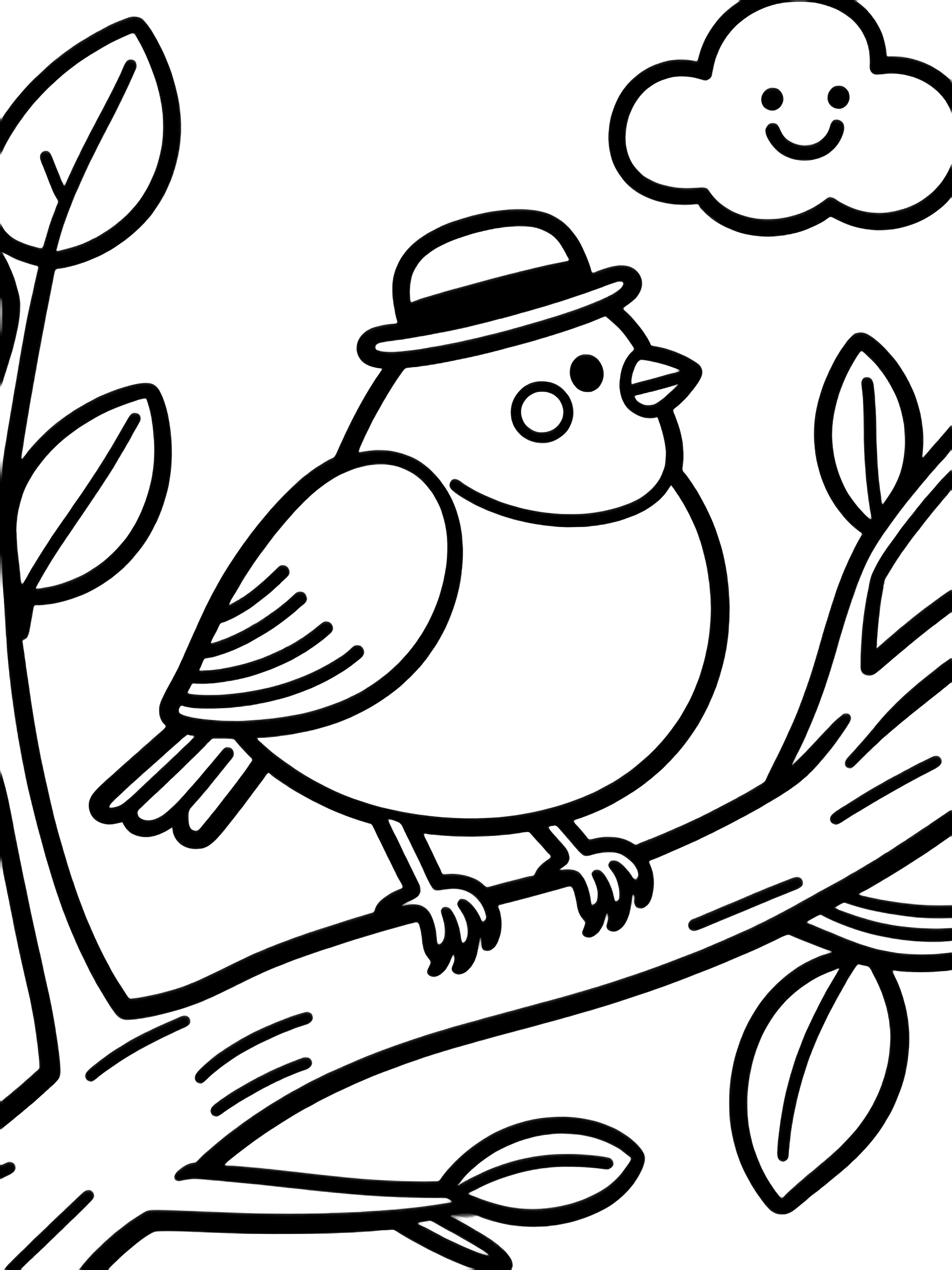 A plump songbird in a derby hat perches on a branch, flanked by simple leaves and a smiling cloud. kleurplaat
