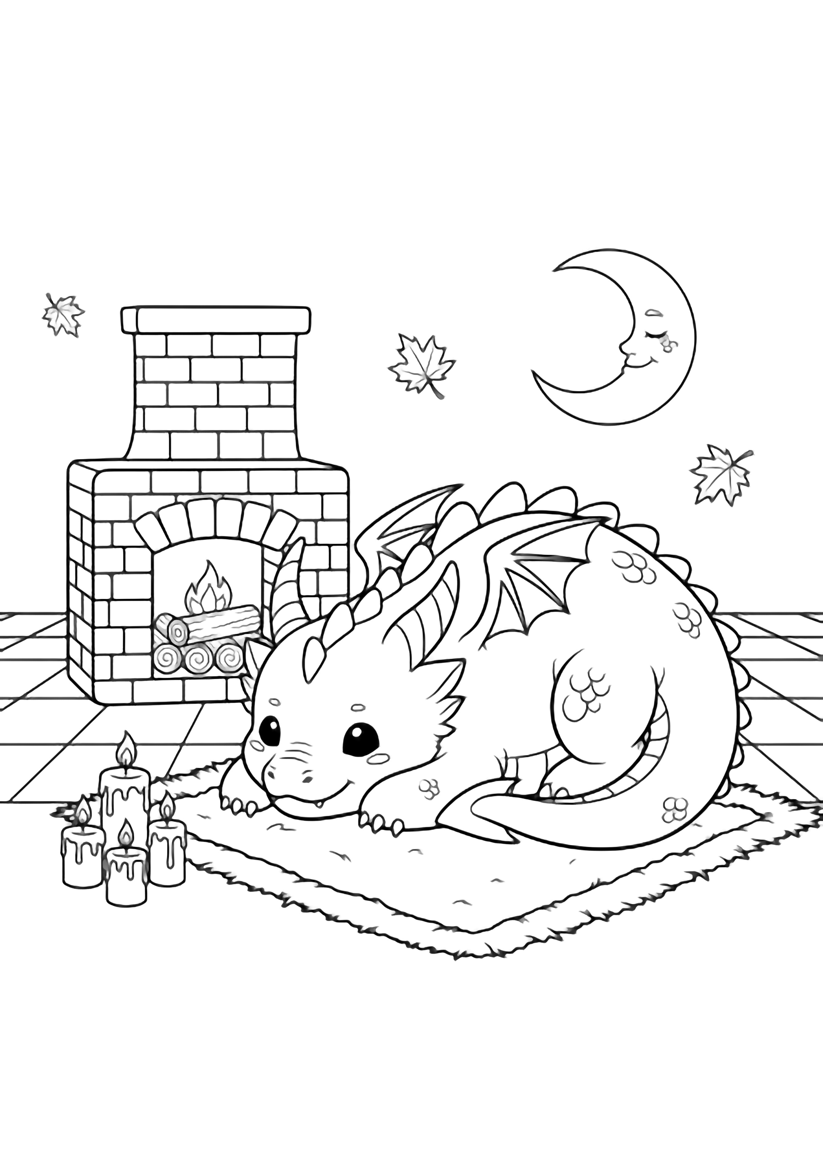 Chubby kawaii dragon lounging on a fluffy rug beside a tiny fireplace, tail curled around stacked logs, stubby candles nearby, checkered floor, falling maple leaves, smiling moon overhead. kleurplaat