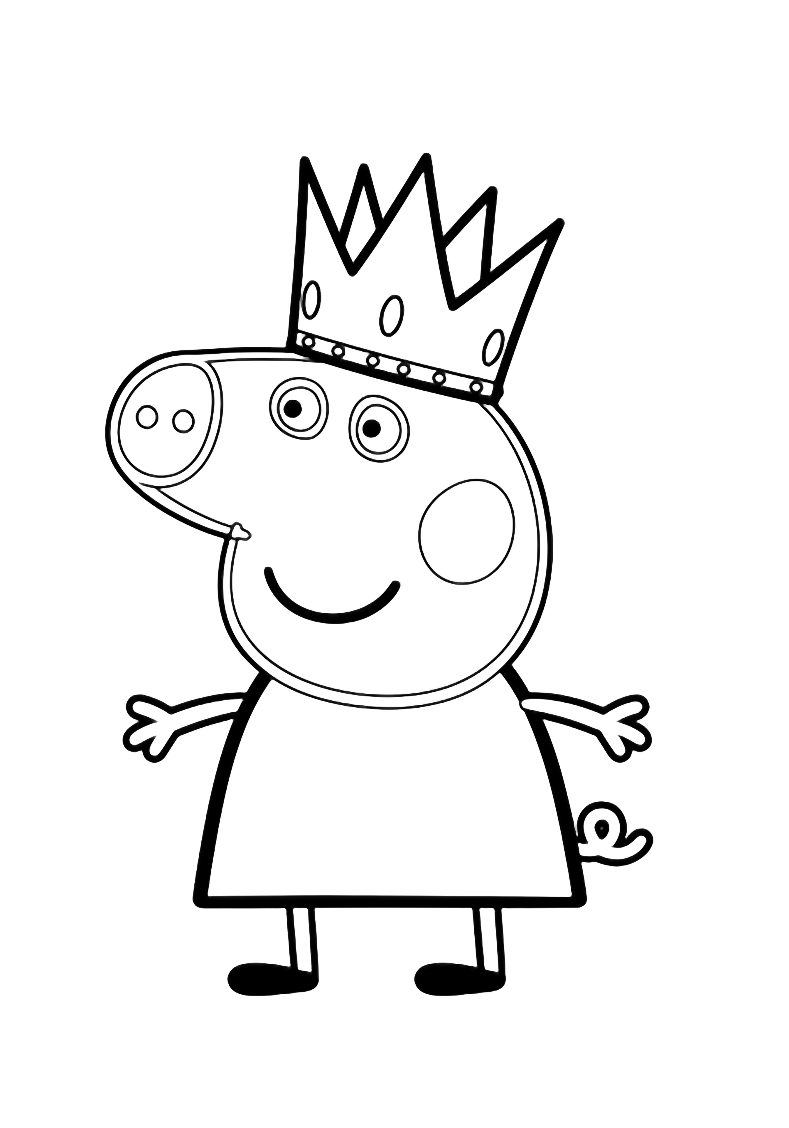 Princess Peppa Pig stands centered, smiling, wearing a spiky crown; chunky body, curly tail, arms out, legs apart. kleurplaat