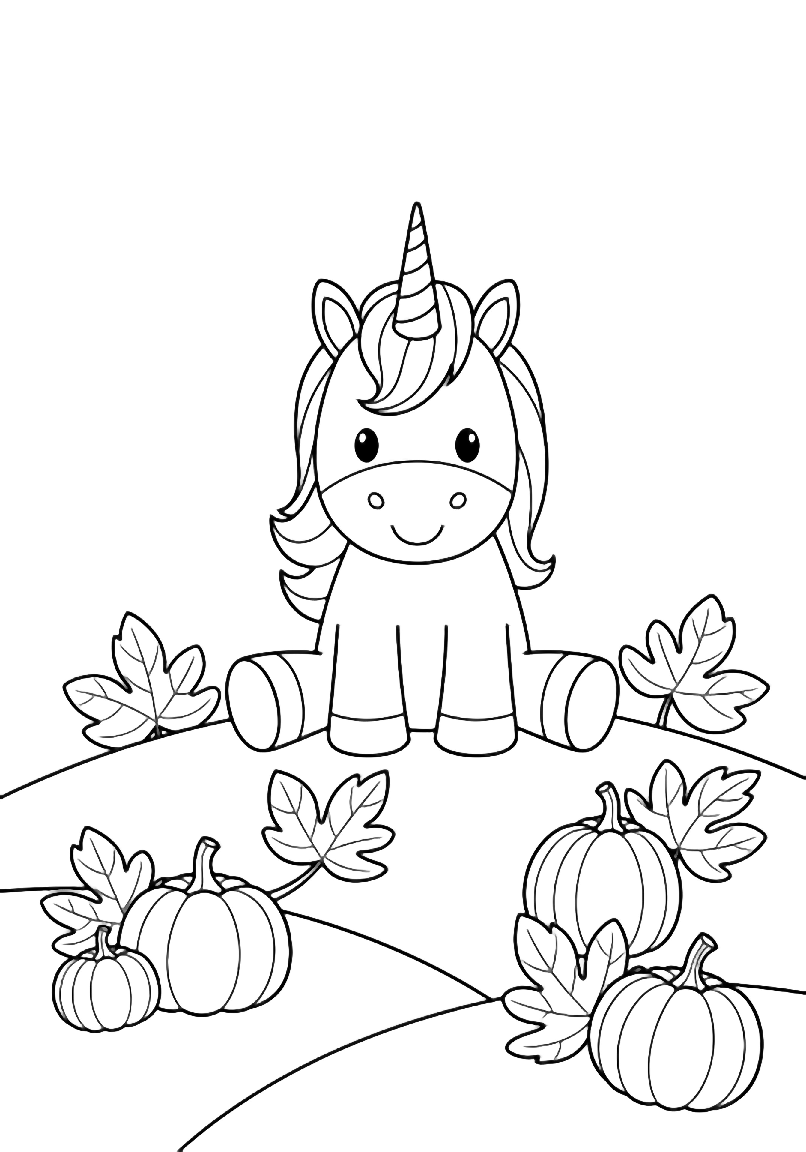 A smiling unicorn rests on a grassy hill scattered with five large leaves and three round pumpkins. kleurplaat