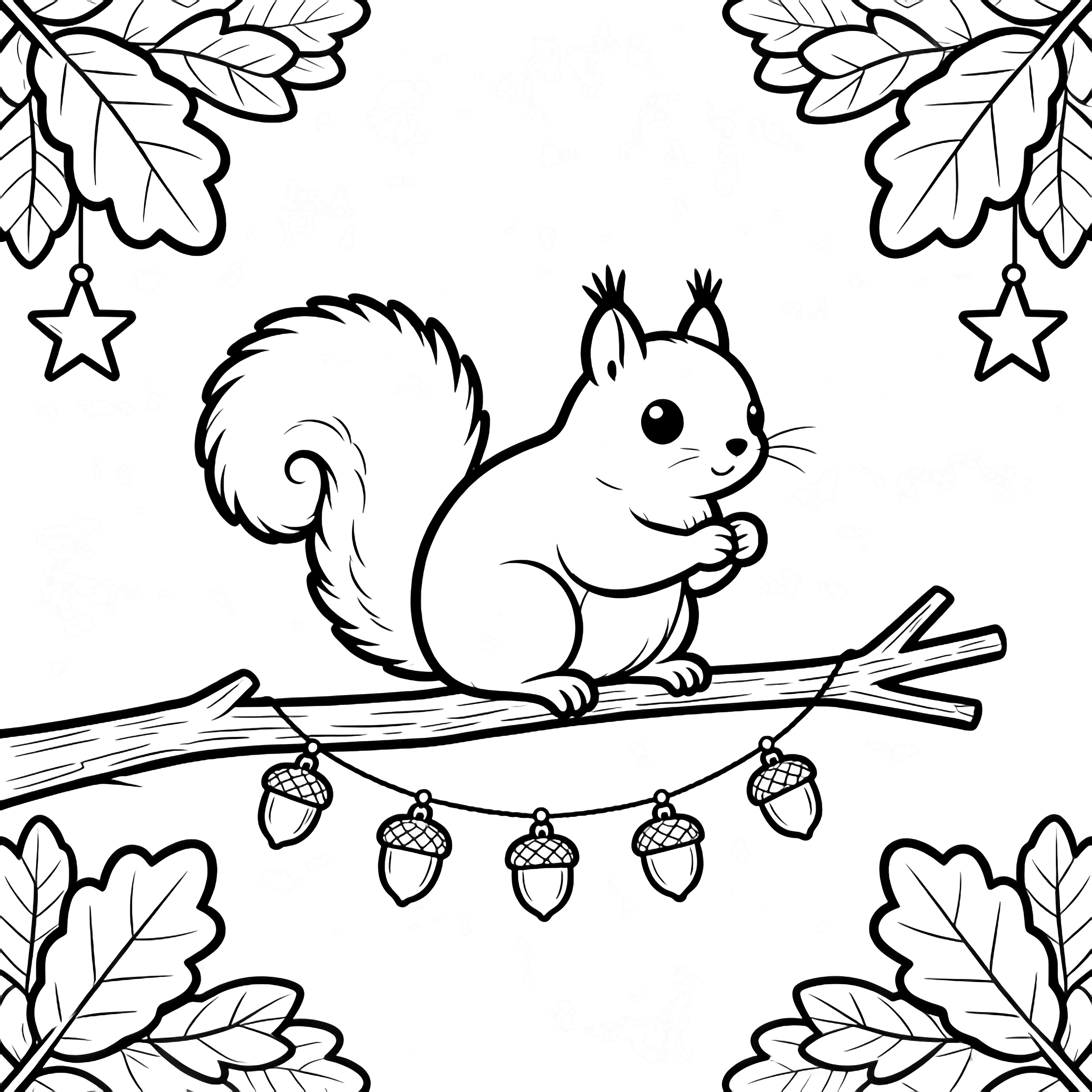 Chubby squirrel on a slim branch threading acorn ornaments between twigs, round eyes, fluffy curled tail, simple leaves and star ornaments around clear open spaces. kleurplaat