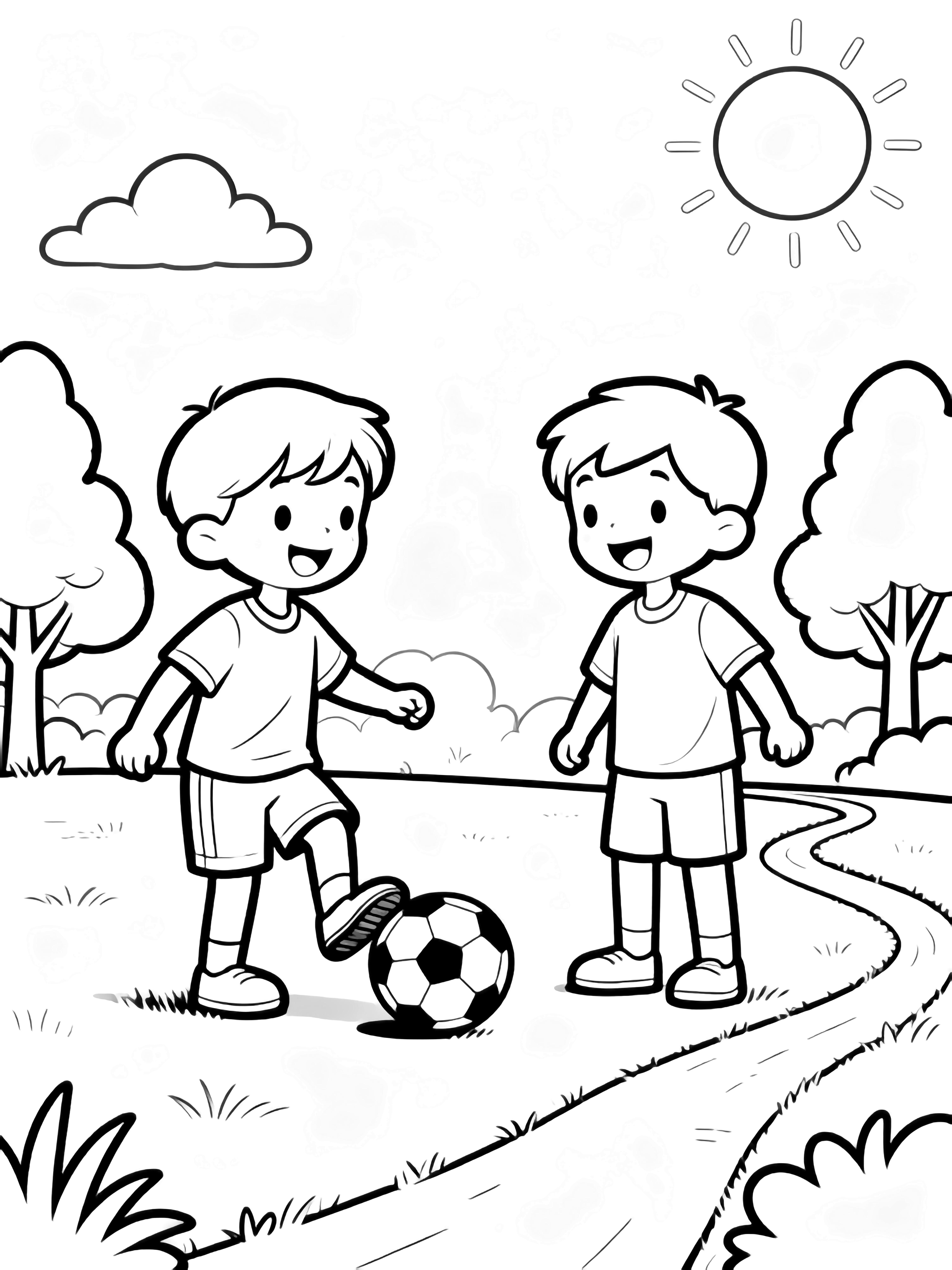 Two happy children play soccer in a sunlit park, framed by simple trees, fluffy clouds, and a winding path. kleurplaat