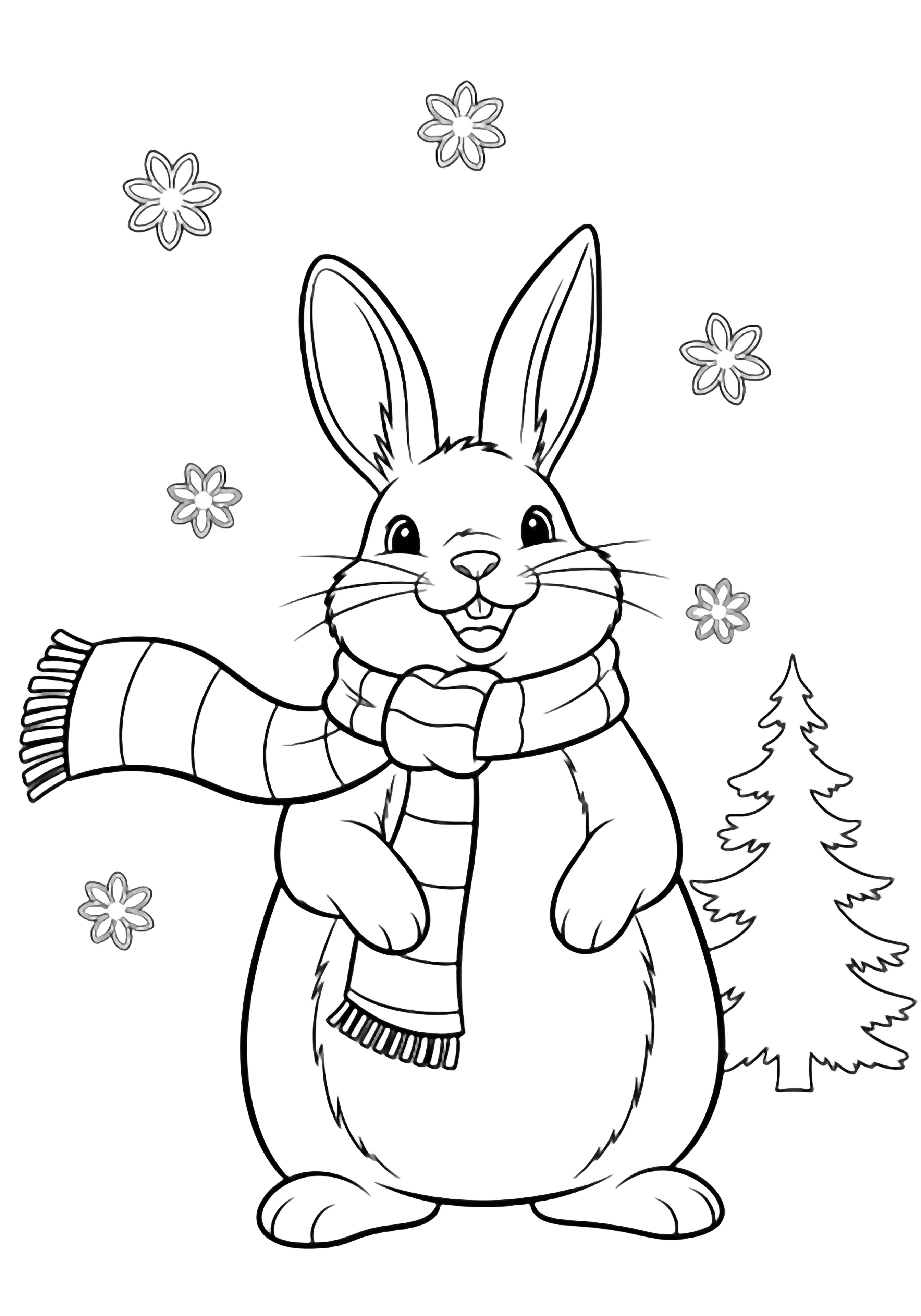 A cheerful plump bunny stands upright, long striped scarf fluttering, amid drifting five-petaled snowflakes, with a simple fir silhouette behind. kleurplaat