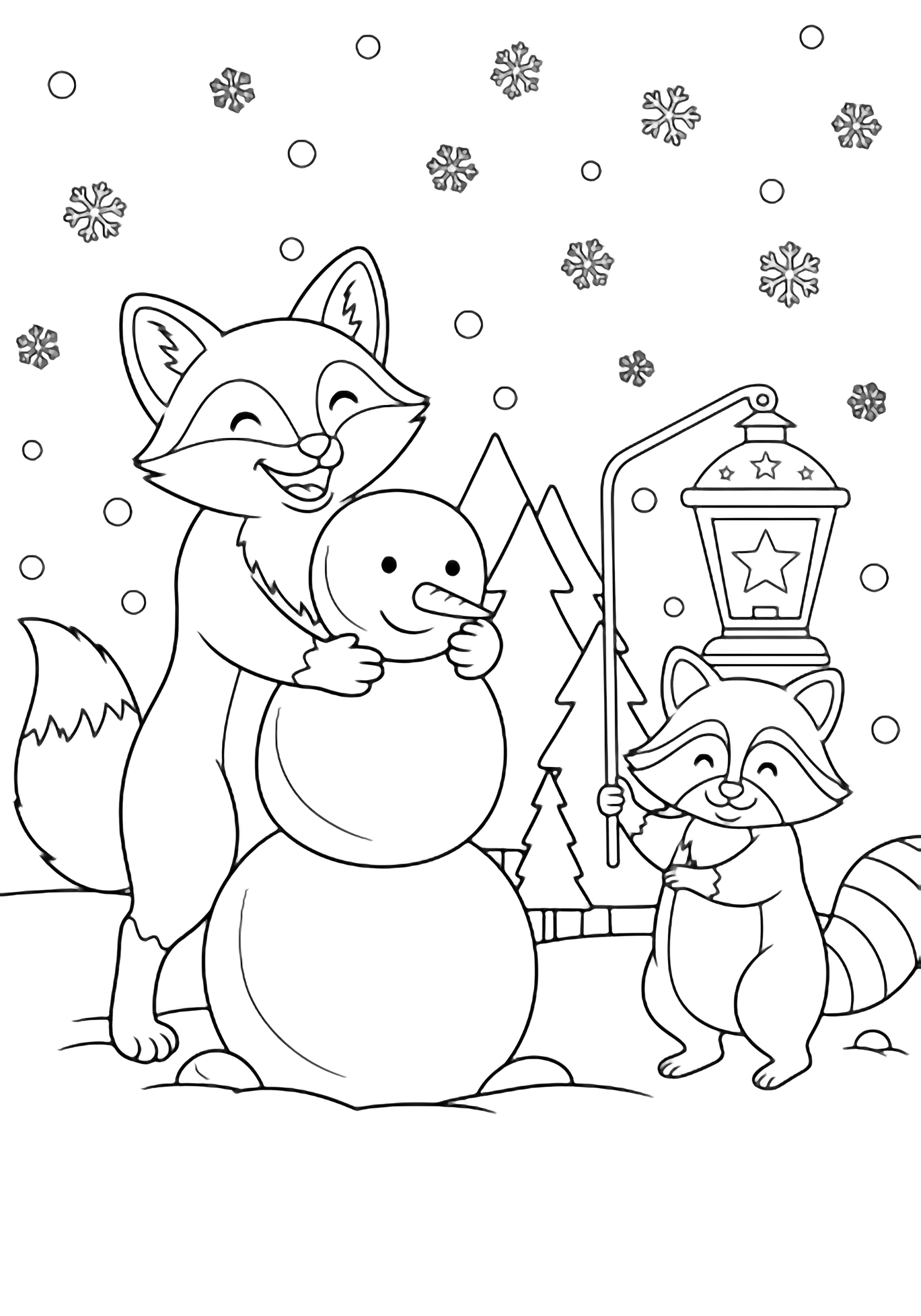 A smiling fox stacks three snowballs while a raccoon holds a star-topped lantern, framed by pine trees and falling snow. kleurplaat