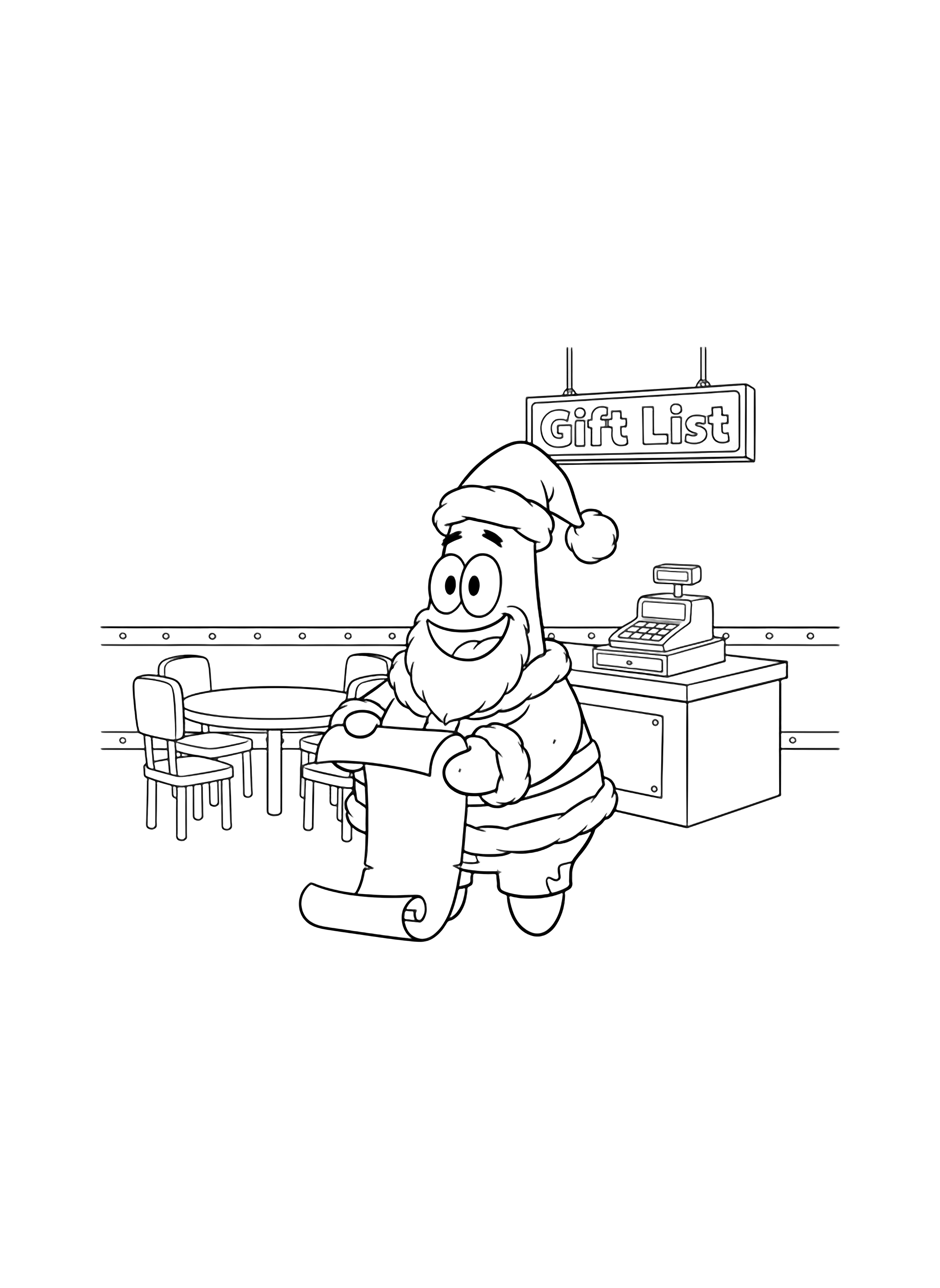 Patrick Star in a Santa suit stands inside the Krusty Krab holding a long scroll list, with tables, a register, and a "Gift List" sign around him. kleurplaat