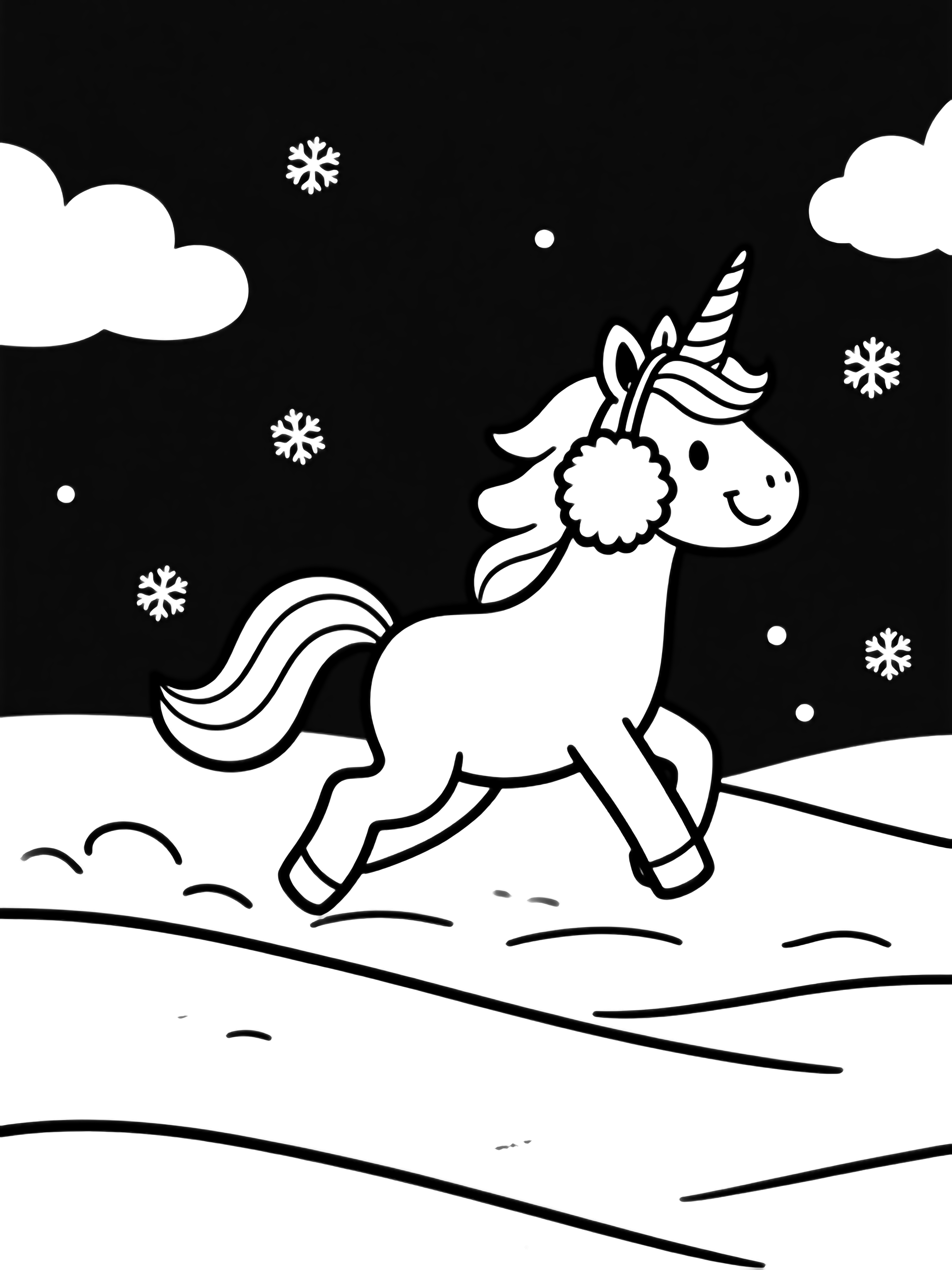 Een glimlachende eenhoorn met pluizige oorkappen draaft door zachte sneeuwduinen onder eenvoudige wolken en dwarrelende vlokken. kleurplaat