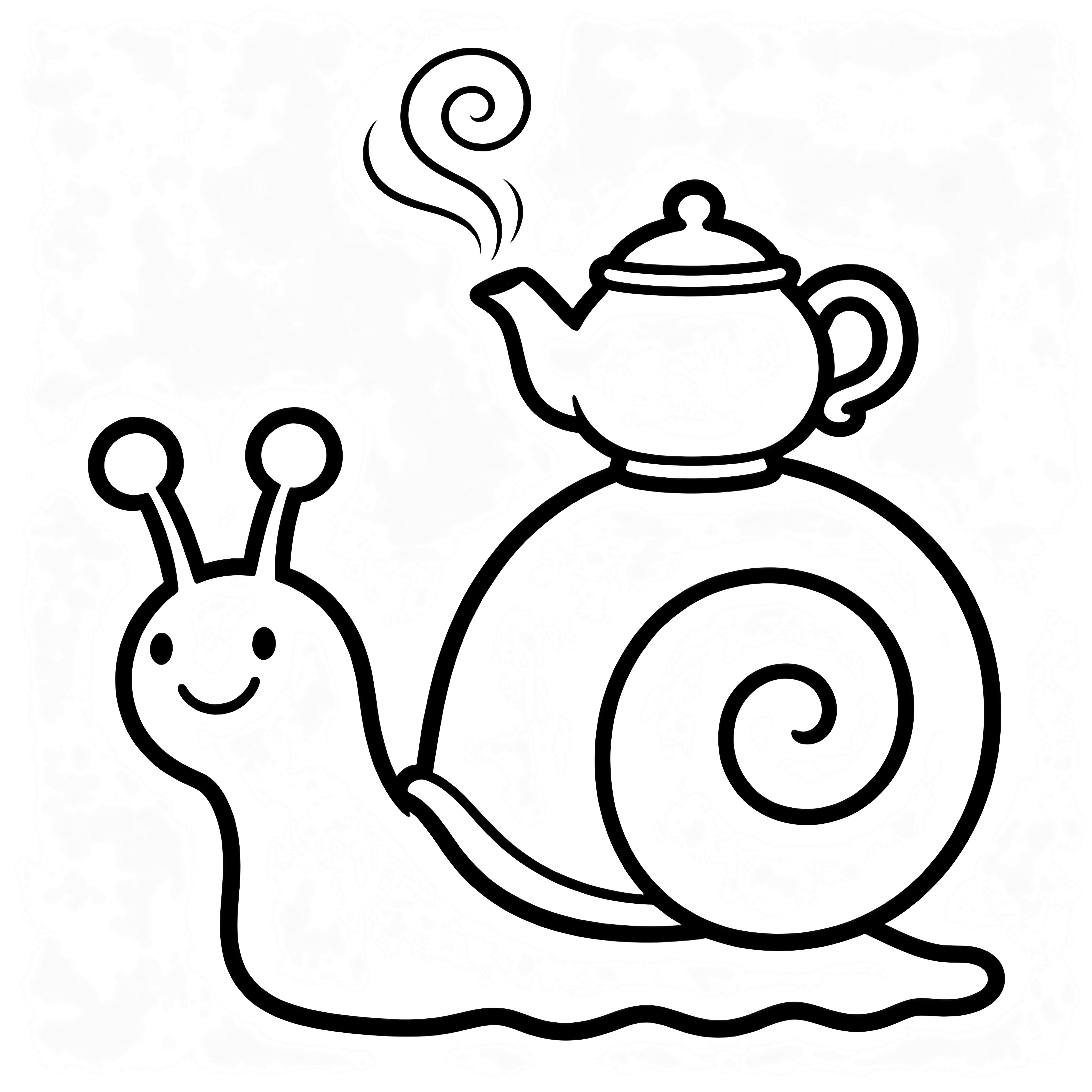A cheerful snail carries a tiny steaming teapot on its rounded shell as it crawls along. kleurplaat